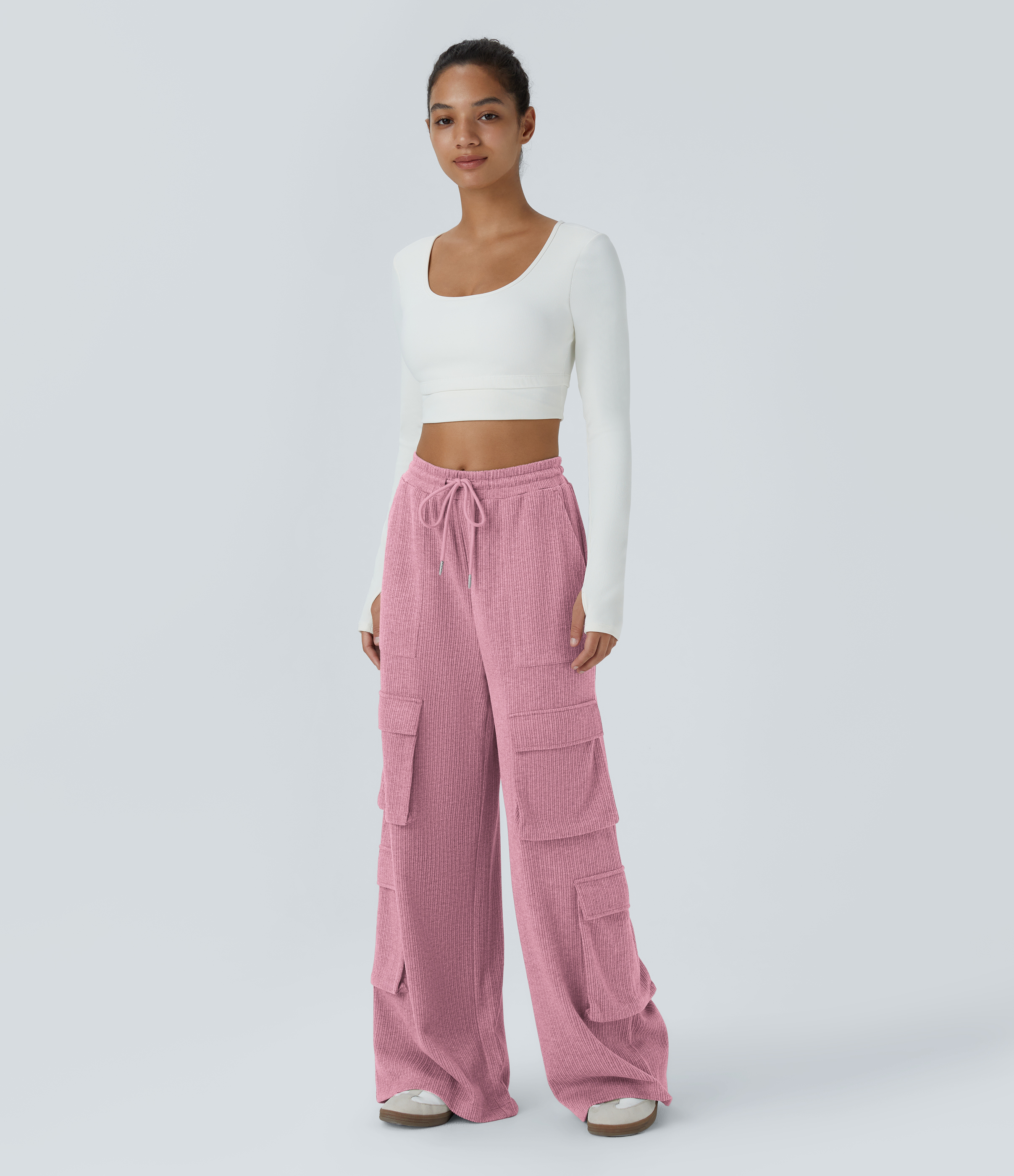 Halara Ribbed Mid Rise Drawstring Multiple Pockets Wide Leg Cargo Casual Pants  - Wild Rose - L(regular) sweatpants jogger pants 
