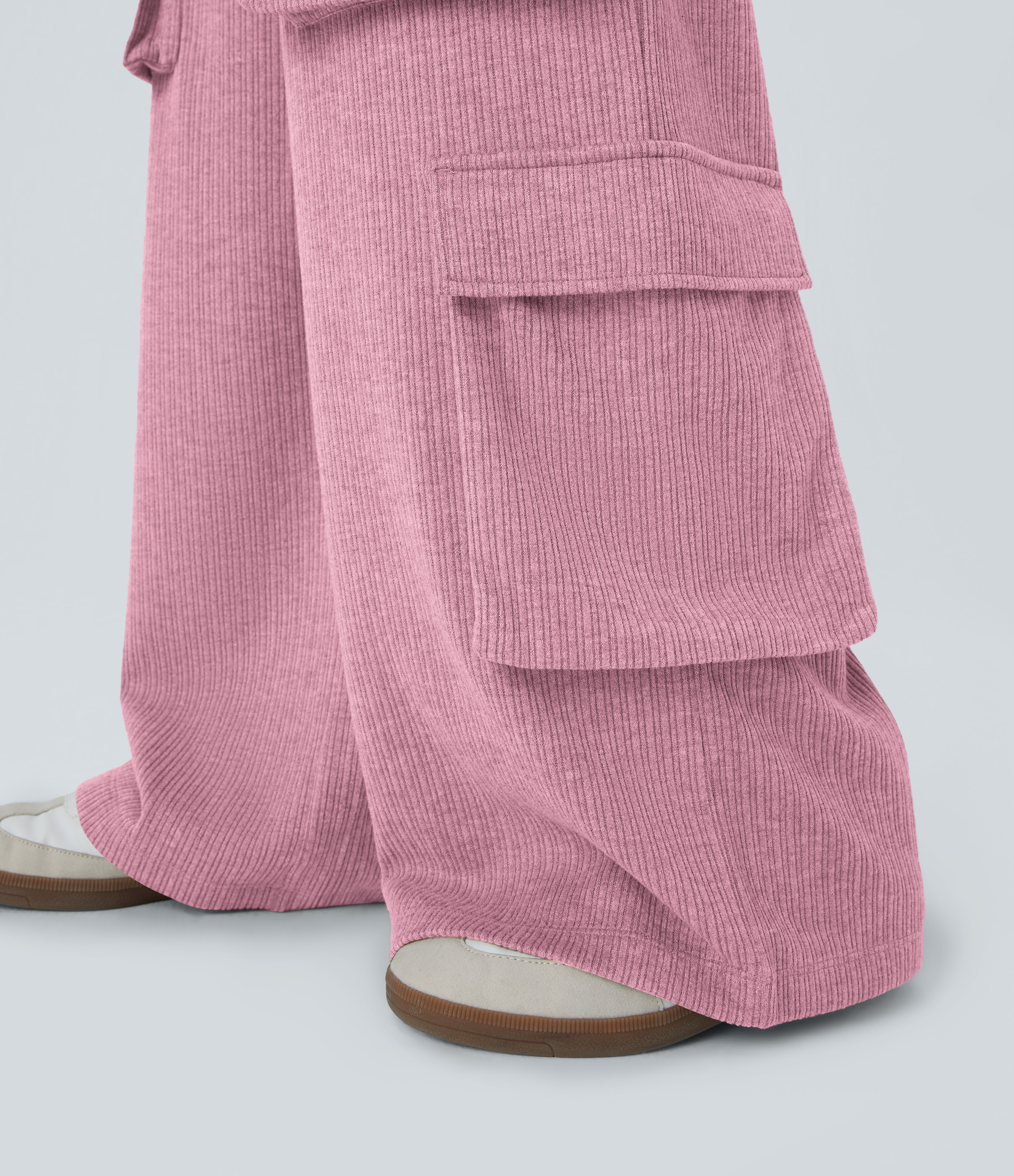 Halara Ribbed Mid Rise Drawstring Multiple Pockets Wide Leg Cargo Casual Pants  - Wild Rose - L(regular) sweatpants jogger pants 