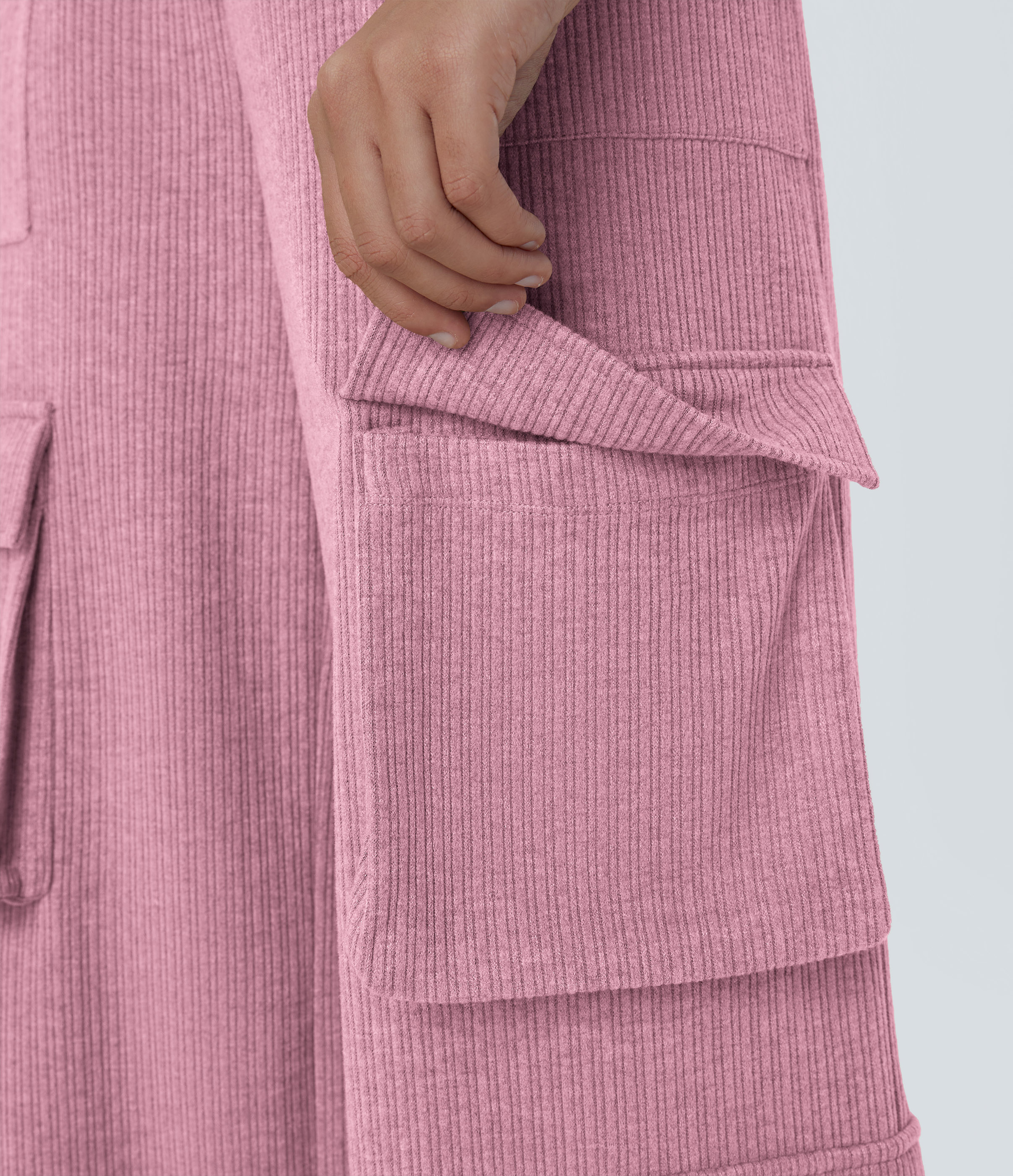 Halara Ribbed Mid Rise Drawstring Multiple Pockets Wide Leg Cargo Casual Pants  - Wild Rose - L(regular) sweatpants jogger pants 