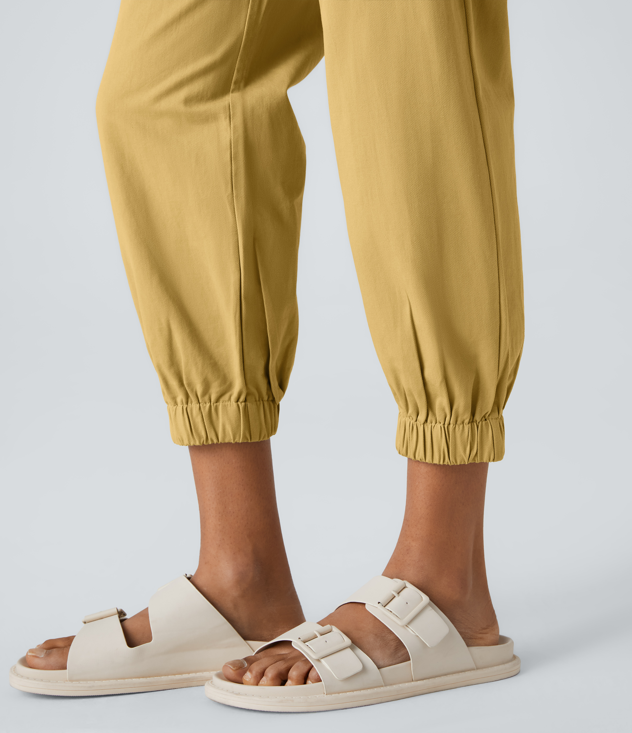 Halara Mid Rise Button Zipper Side Pocket Casual Cotton Joggers  - Yellow Jasmine - L(regular) 