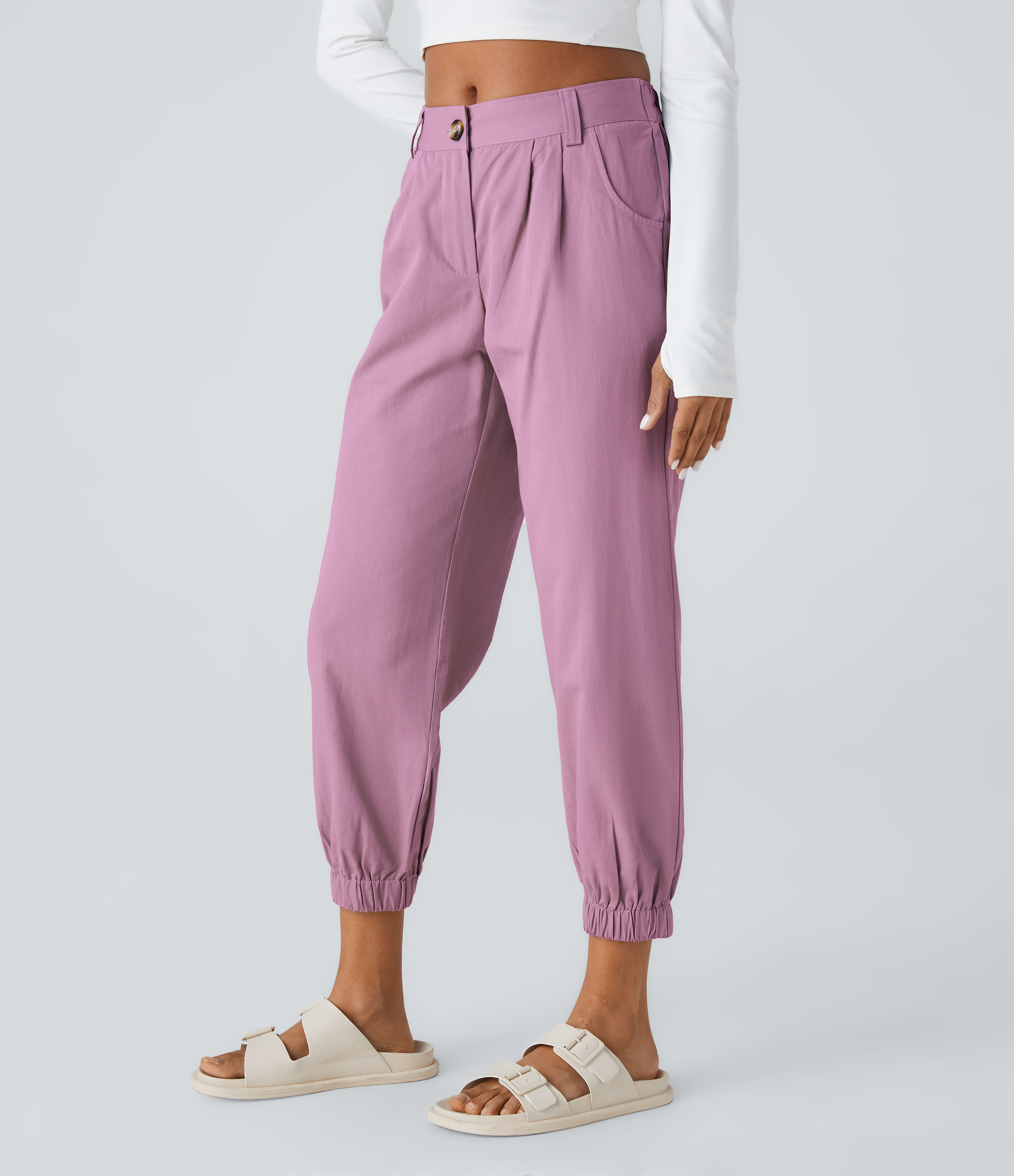 Halara Mid Rise Button Zipper Side Pocket Casual Cotton Joggers  - Tulip Purple - XS(regular) 