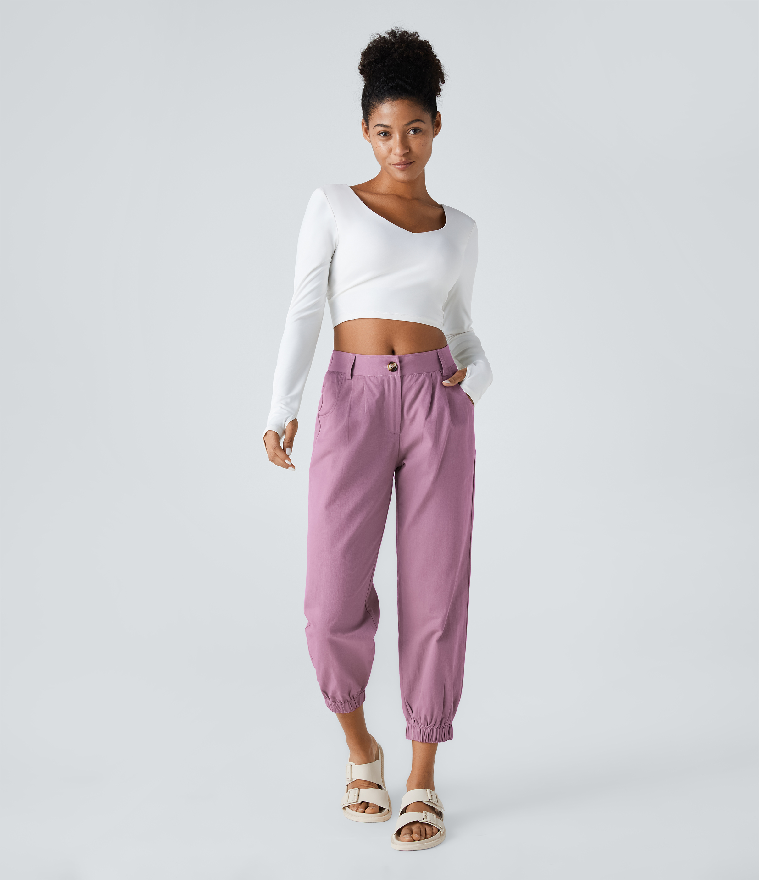 Halara Mid Rise Button Zipper Side Pocket Casual Cotton Joggers  - Tulip Purple - XS(regular) 