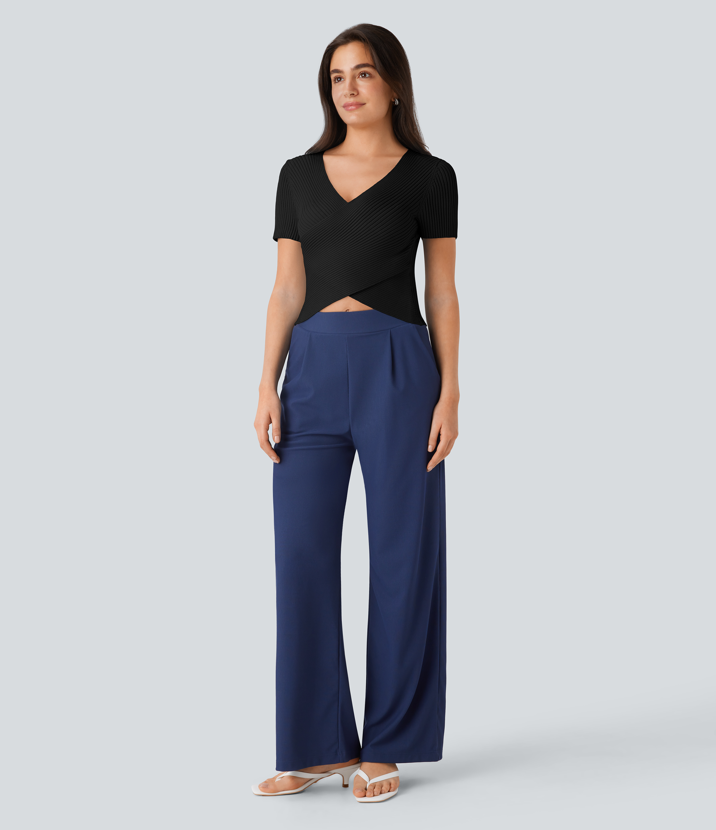 Halara V Neck Short Sleeve Crossover Skinny Casual Sweater  - Black - S 
