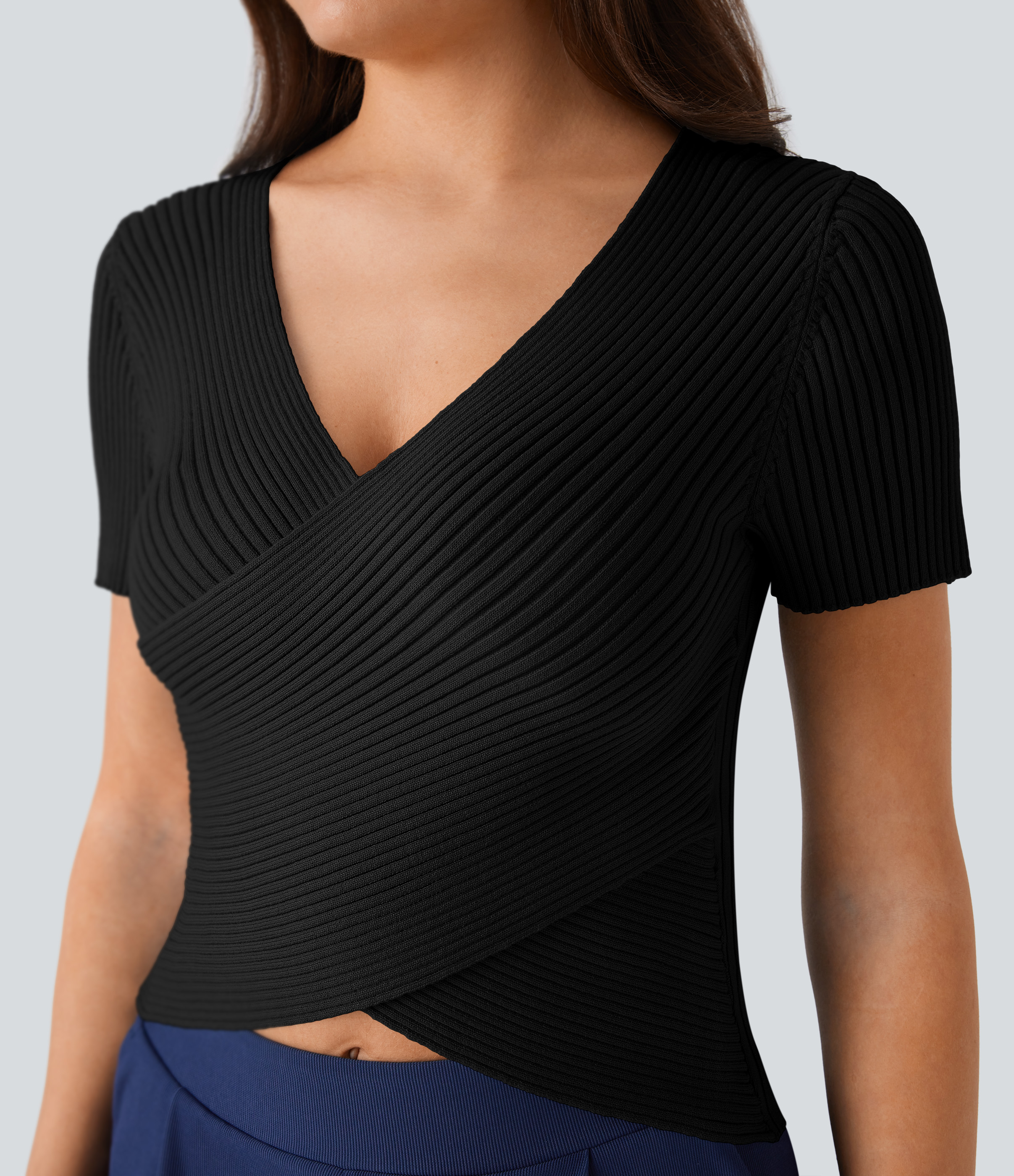Halara V Neck Short Sleeve Crossover Skinny Casual Sweater  - Black - S 