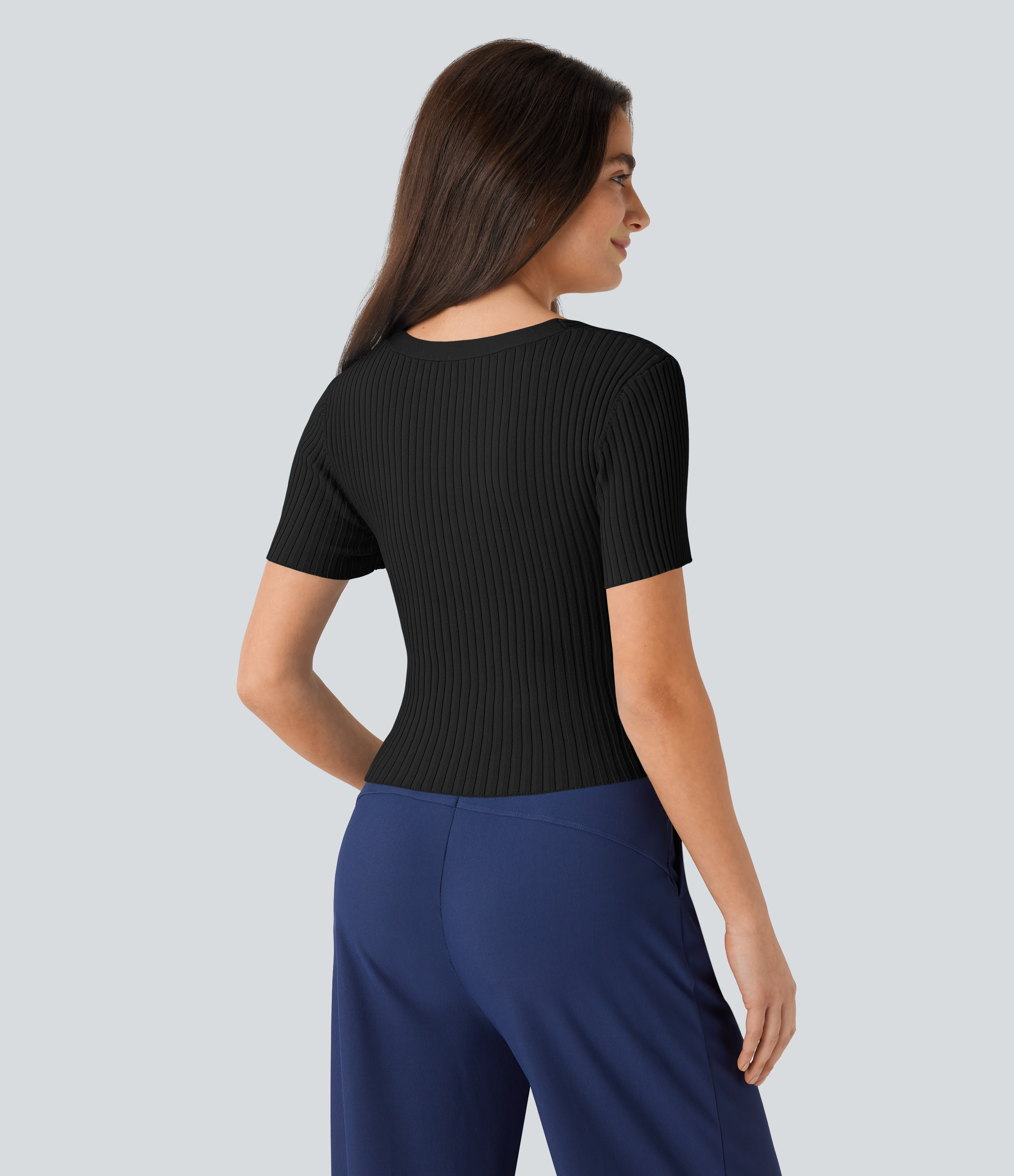 Halara V Neck Short Sleeve Crossover Skinny Casual Sweater  - Black - S 