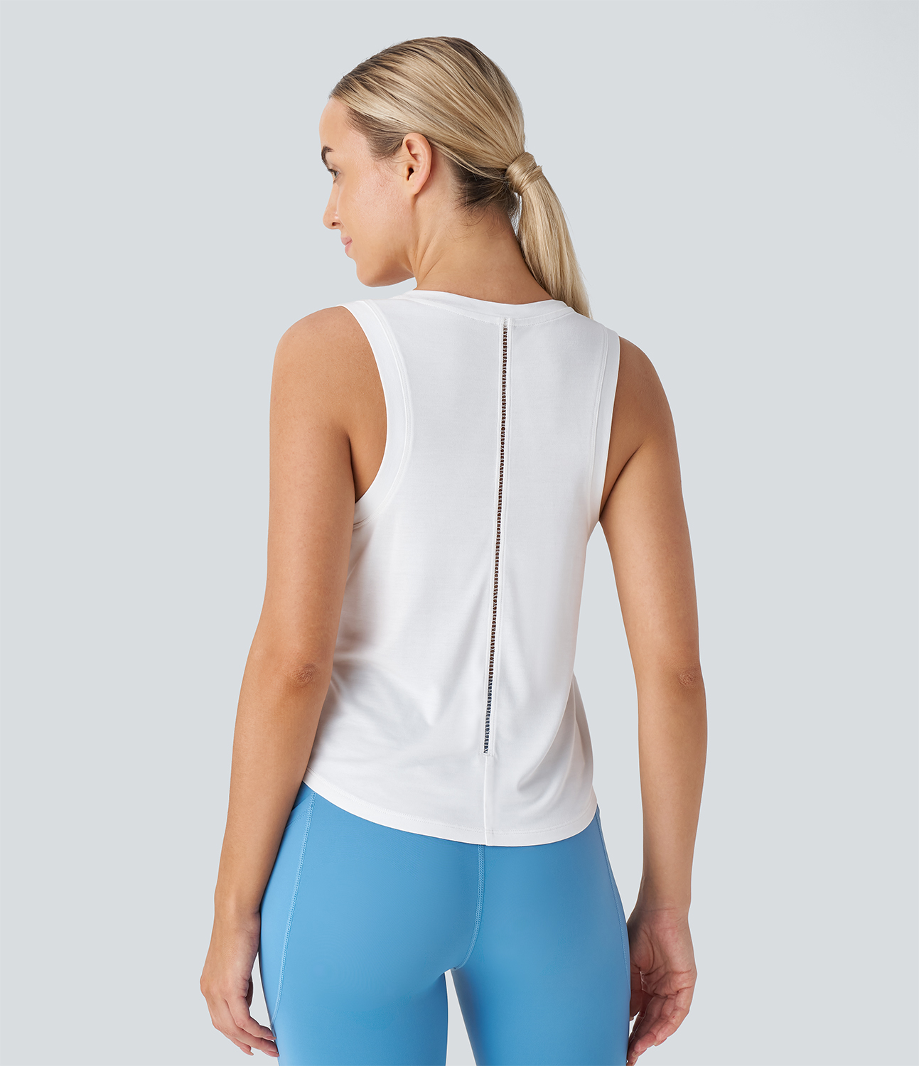 Halara Round Neck Cut Out Yoga Tank Top Tank Top - White - S golf tops halter top tunic tops sleeveless tops backless top 