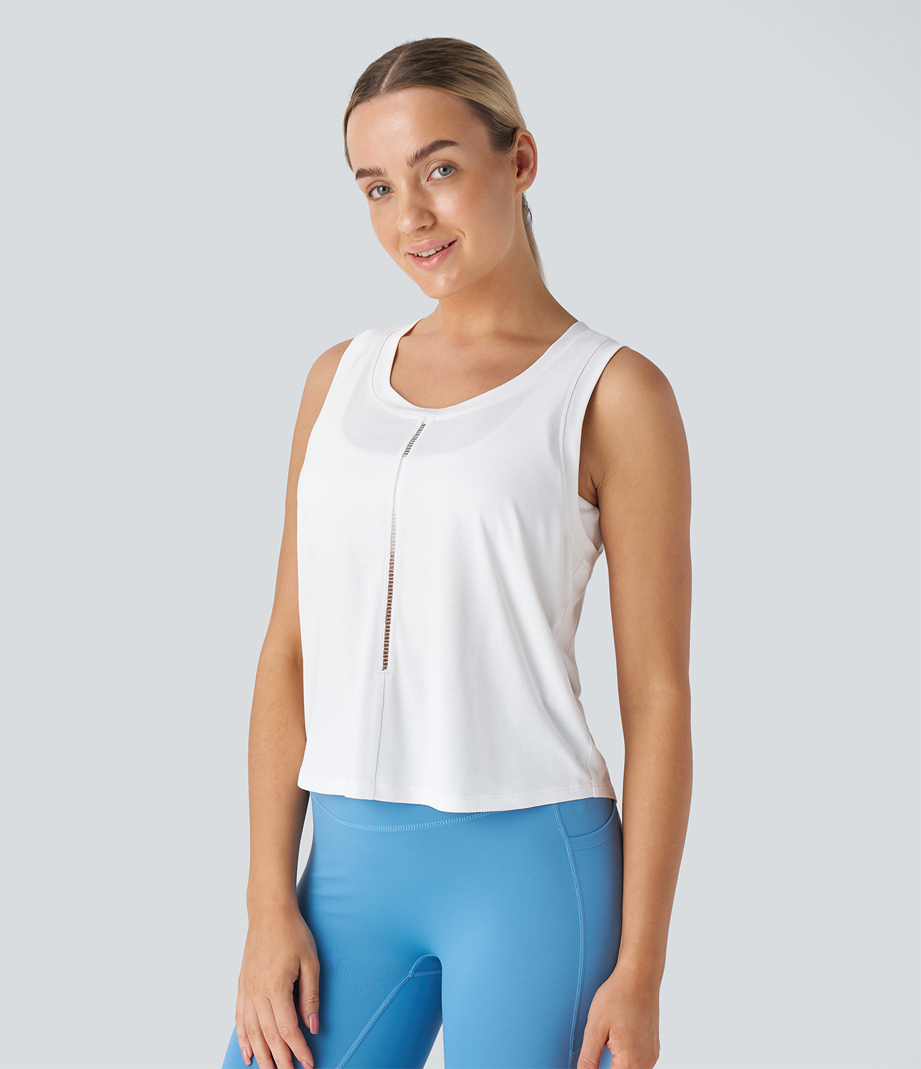 Halara Round Neck Cut Out Yoga Tank Top Tank Top - White - S golf tops halter top tunic tops sleeveless tops backless top 