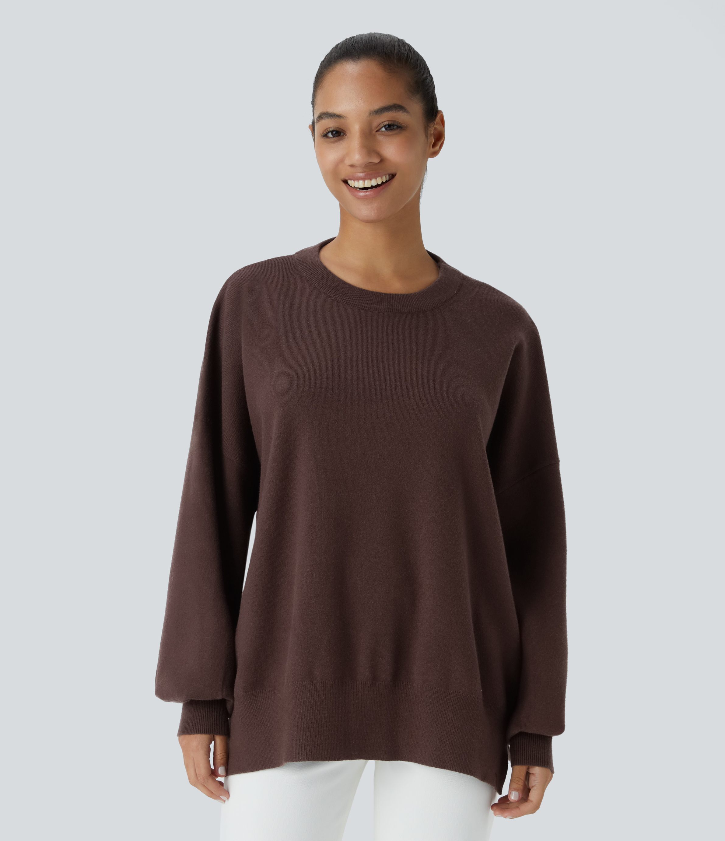 Halara Round Neck Dropped Shoulder Long Sleeve Split Casual Sweater  - Shopping Bag - L 