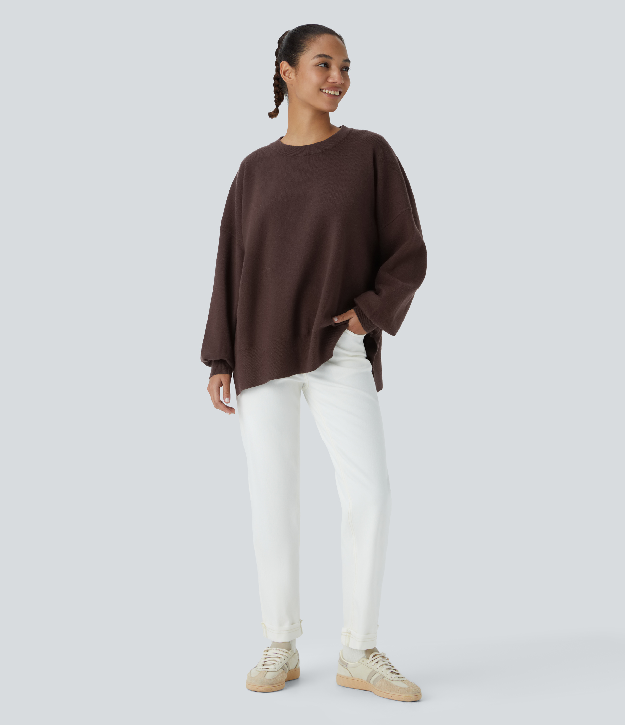 Halara Round Neck Dropped Shoulder Long Sleeve Split Casual Sweater  - Shopping Bag - L 