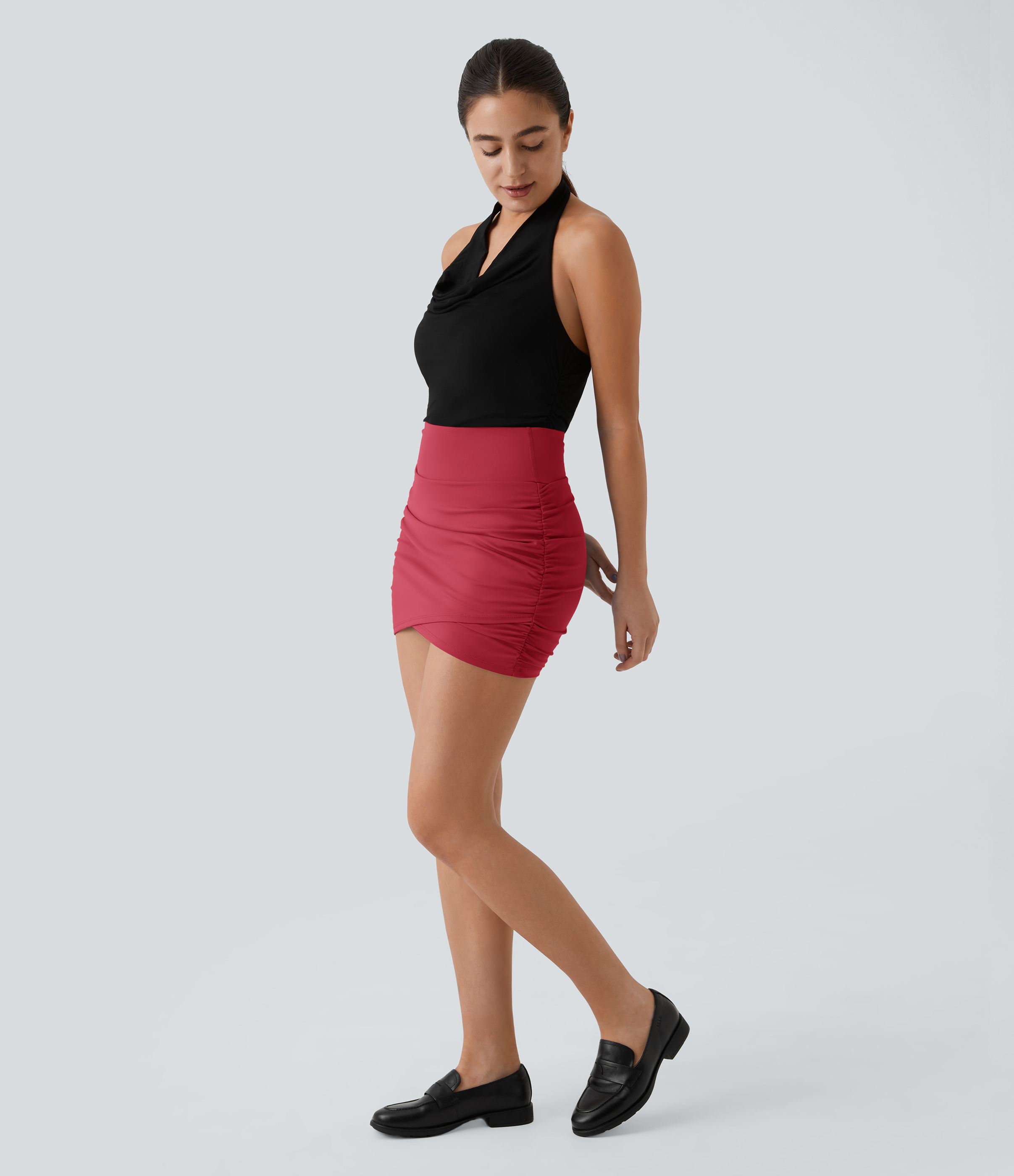 Halara High Waisted Bodycon Side Pocket 2-in-1 Mini Ruched Casual Skirt  - Winterberry - XL midi skirt a line skirt golfing skirt 