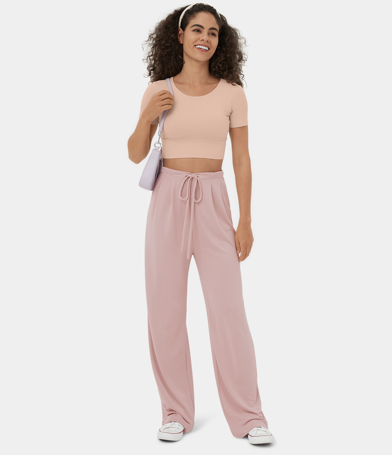 

Halara High Waisted Drawstring Side Pocket Draped Wide Leg Casual Pants - Rose Smoke -  sweatpants jogger pants stacked sweatpants