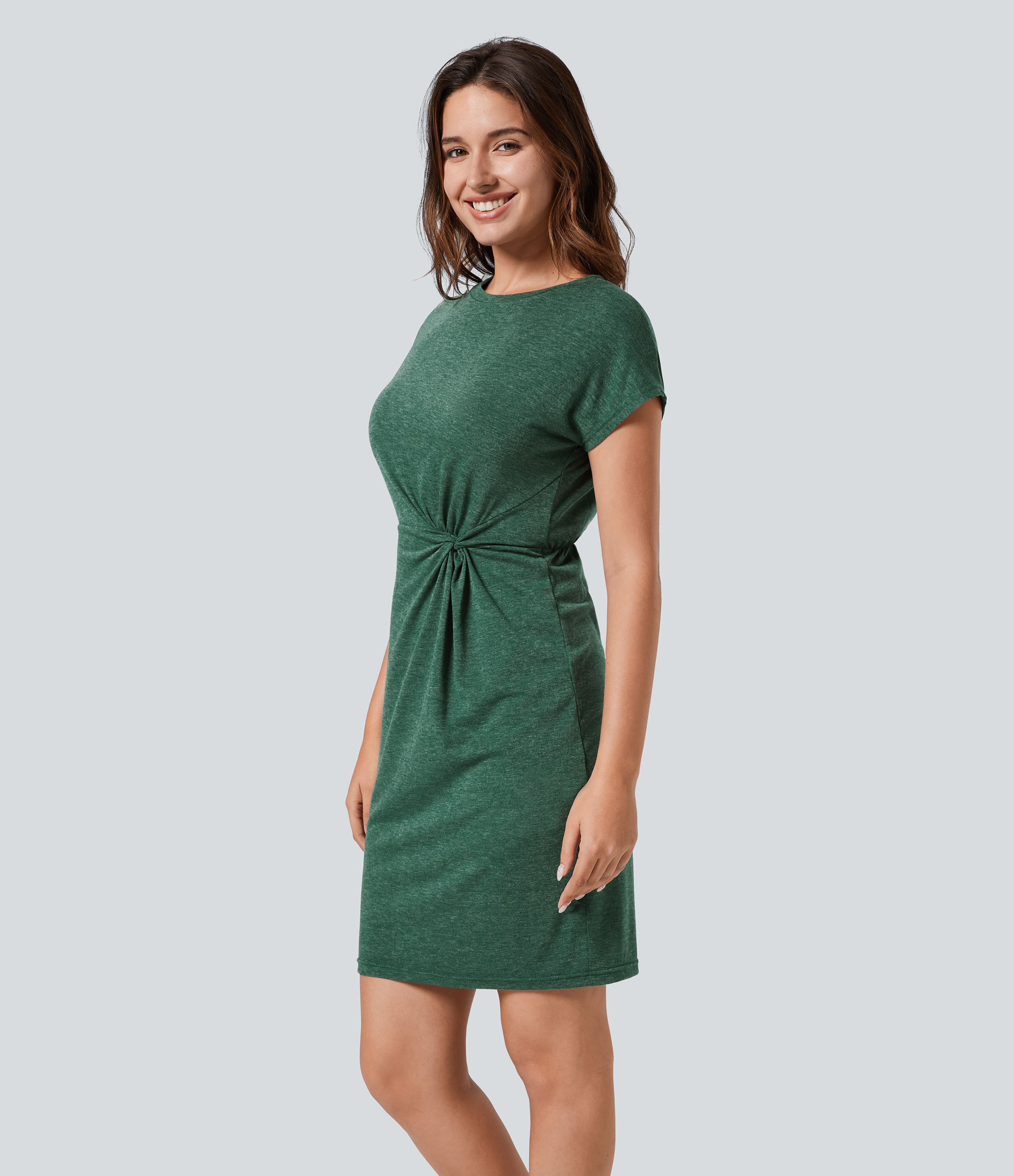 Halara Round Neck Short Sleeve Twisted Plicated Mini Casual Dress Casual Dress - Dark Green Floral Yarn - L slip dress beach dress 