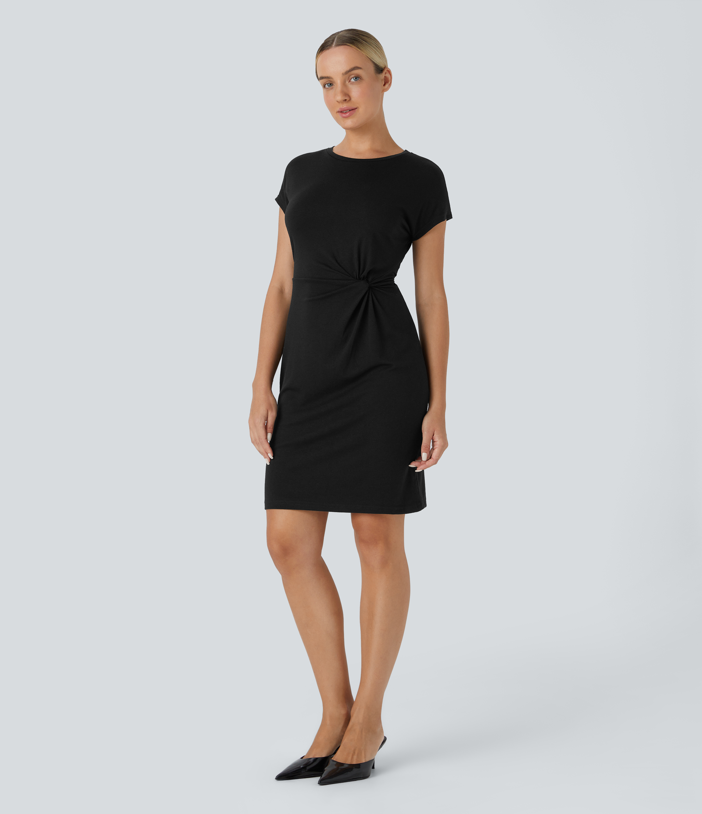Halara Round Neck Short Sleeve Twisted Plicated Mini Casual Dress Casual Dress - Black - XS slip dress beach dress ruched dress halter dress 