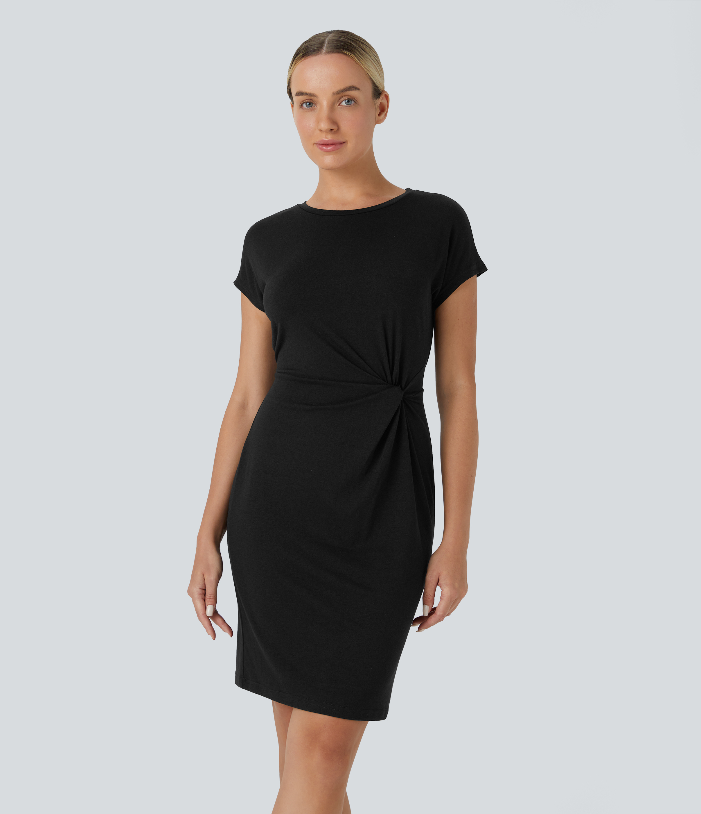 Halara Round Neck Short Sleeve Twisted Plicated Mini Casual Dress Casual Dress - Black - XS slip dress beach dress ruched dress halter dress 