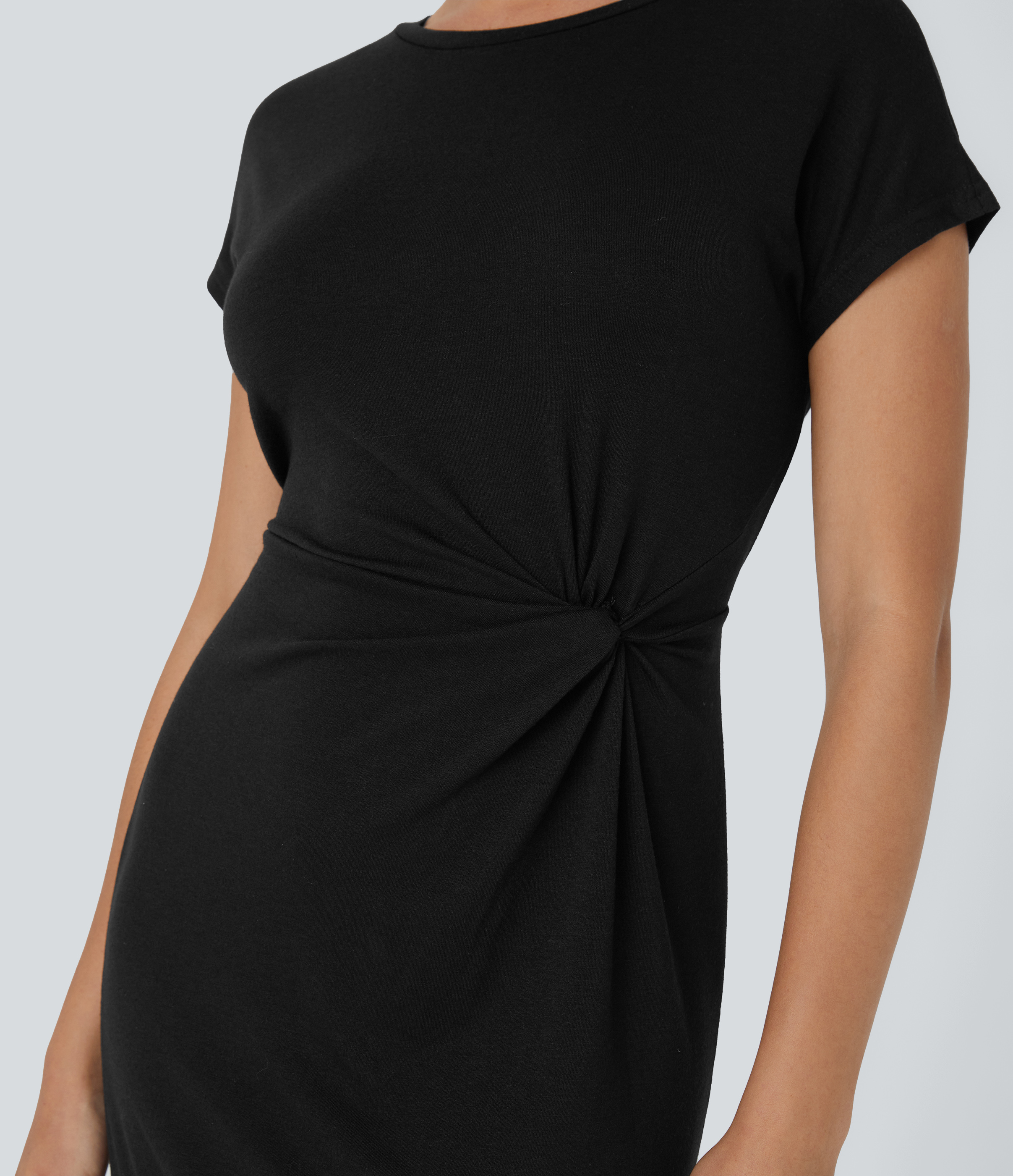 Halara Round Neck Short Sleeve Twisted Plicated Mini Casual Dress Casual Dress - Black - XS slip dress beach dress ruched dress halter dress 