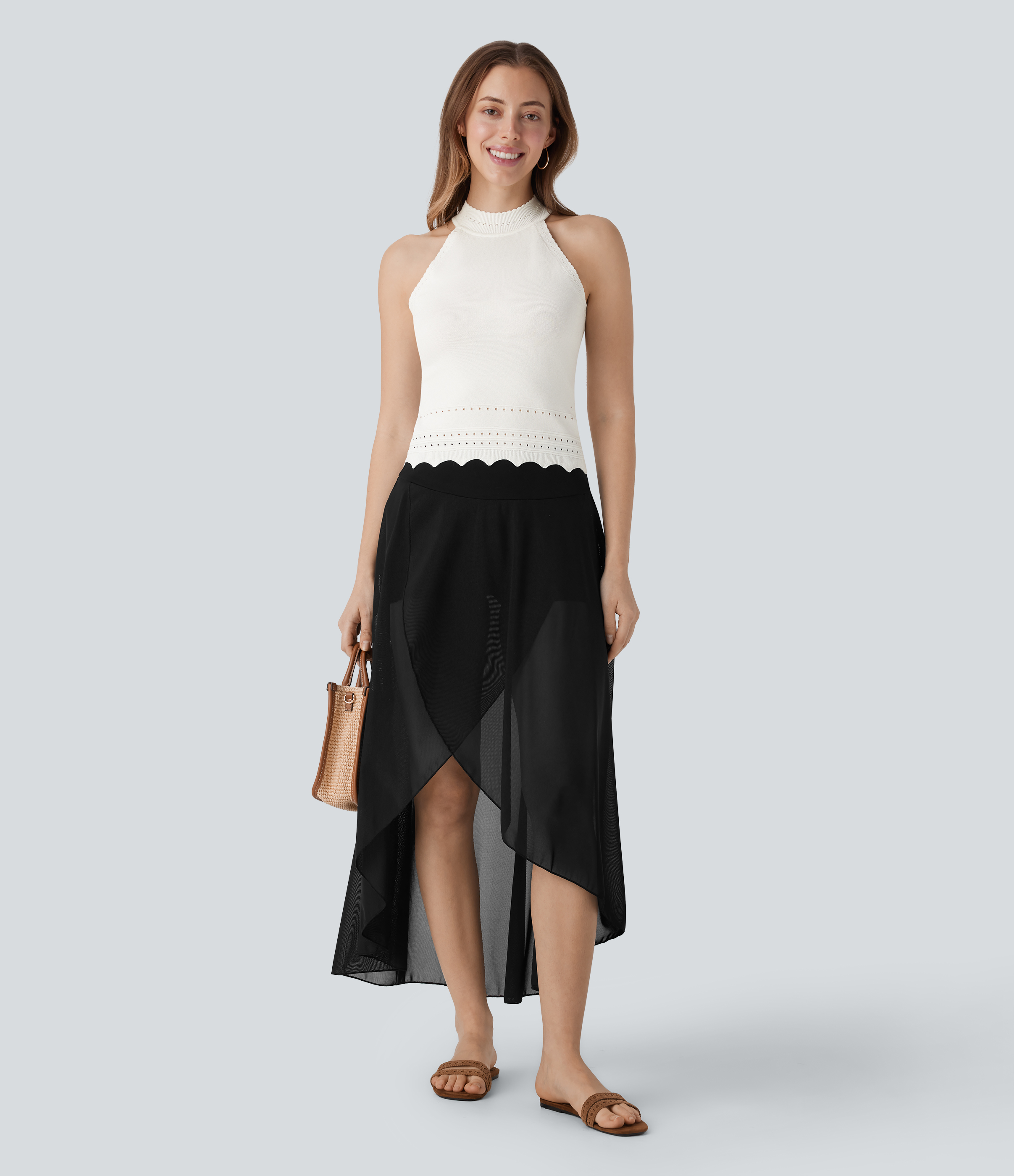 Halara Round Neck Cut Out Resort Sweater Tank  - Oak White - M 