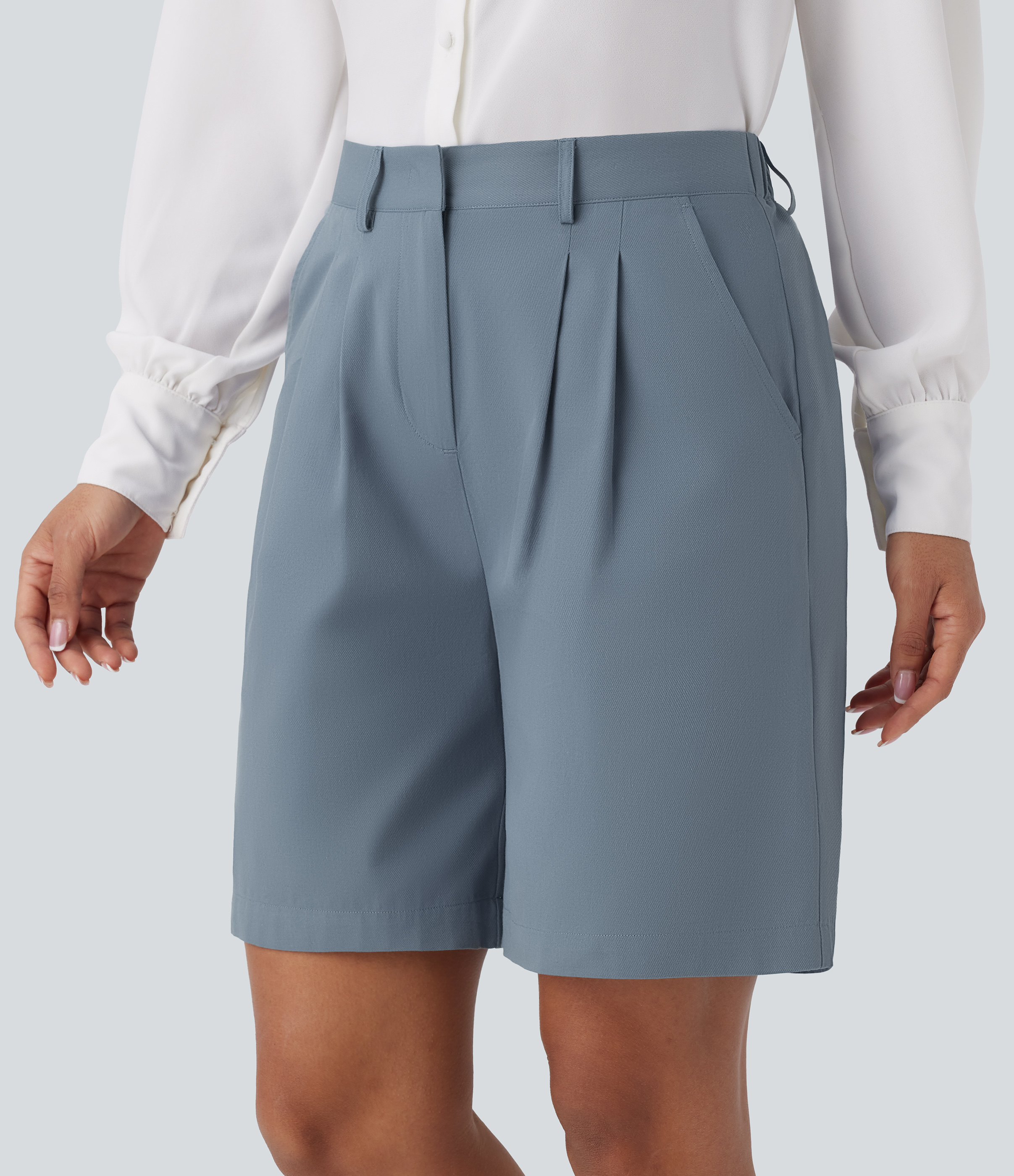Halara High Waisted Zipper Side Pocket Casual Cotton Bermuda Shorts  - Sea Fog Blue - L booty shorts compression shorts yoga shorts 