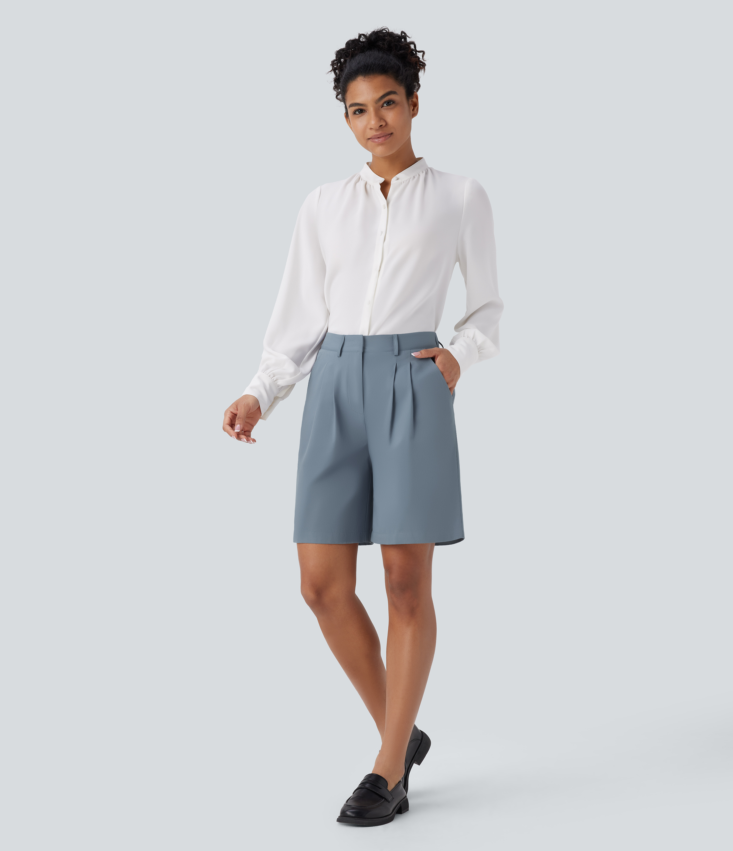 Halara High Waisted Zipper Side Pocket Casual Cotton Bermuda Shorts  - Sea Fog Blue - L booty shorts compression shorts yoga shorts 
