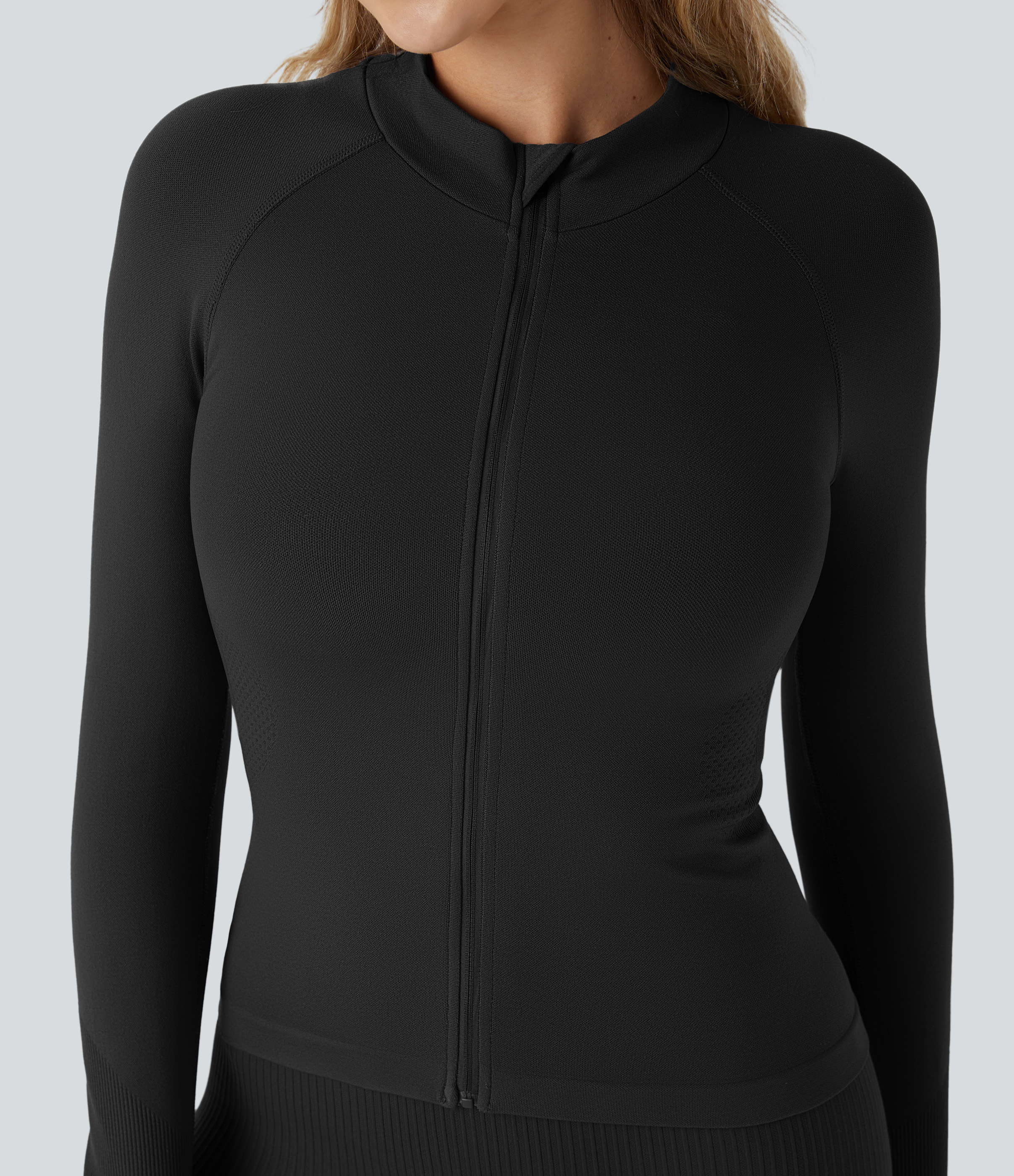 Halara Seamless Flow Stand Collar Raglan Sleeve Thumb Hole Zipper Skinny Yoga Jacket  - Black - S 