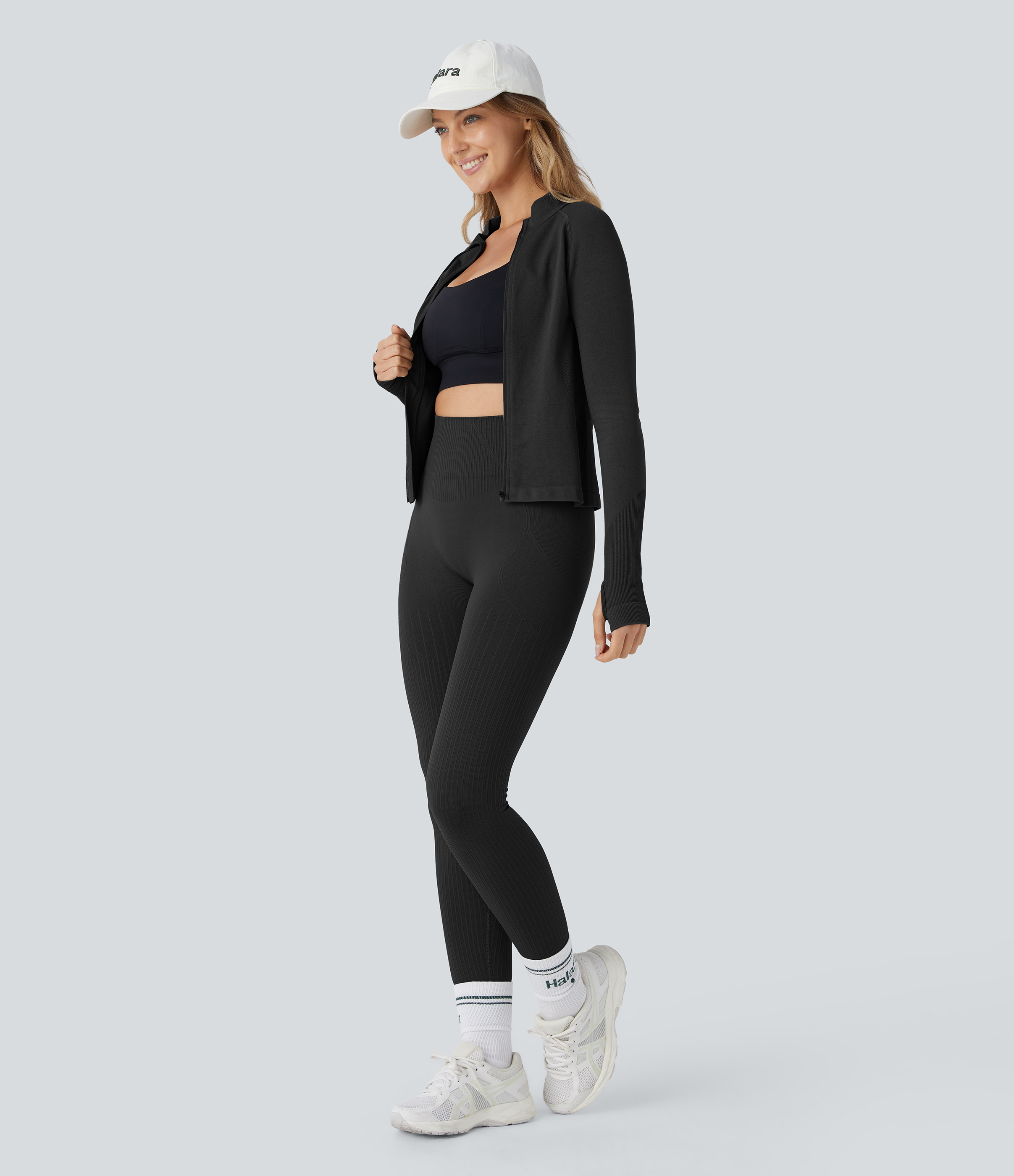 Halara Seamless Flow Stand Collar Raglan Sleeve Thumb Hole Zipper Skinny Yoga Jacket  - Black - S 
