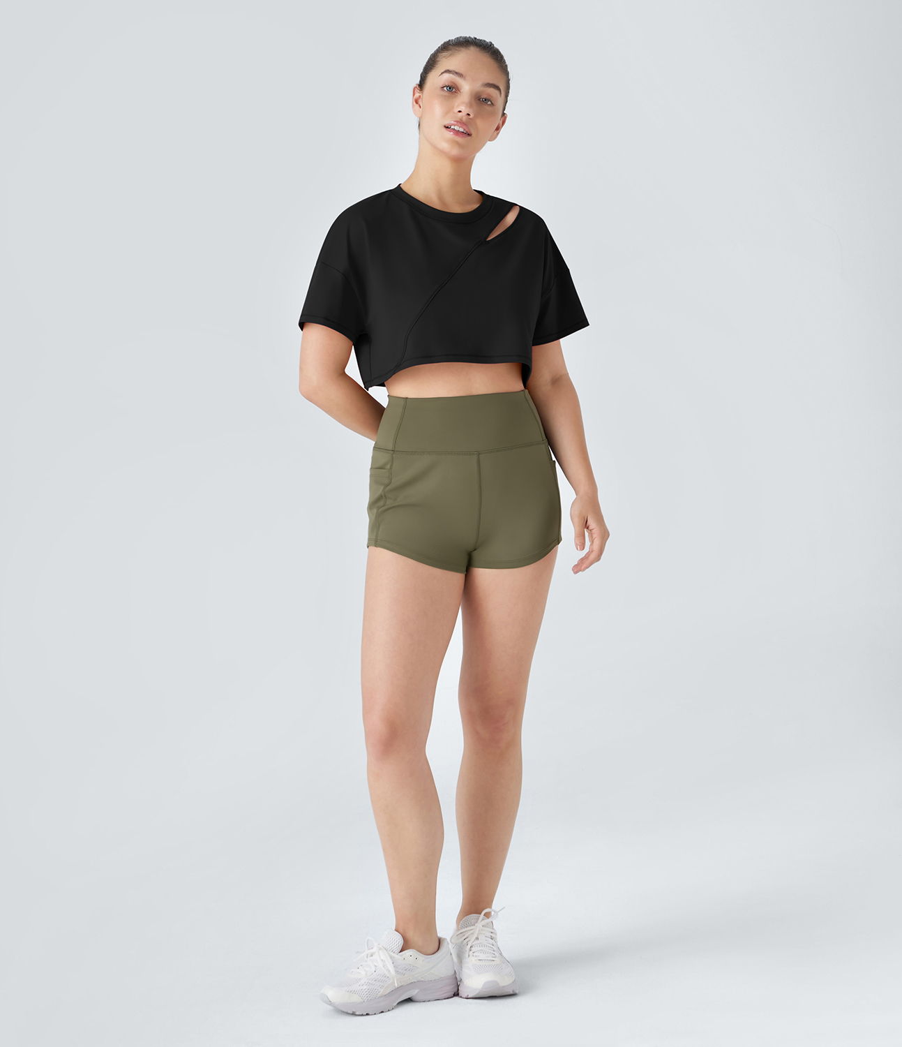Halara Cut Out Top-stitching Cropped Dance Sports Top  - Black - XS 