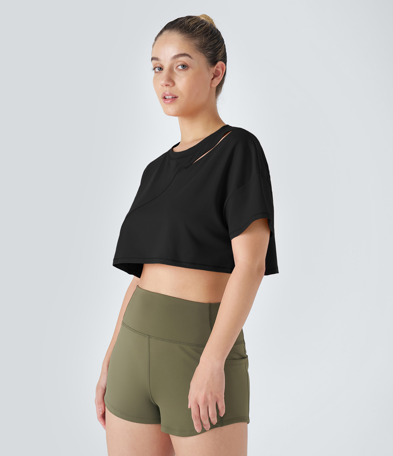 Halara Cut Out Top-stitching Cropped Dance Sports Top  - Black - XS 