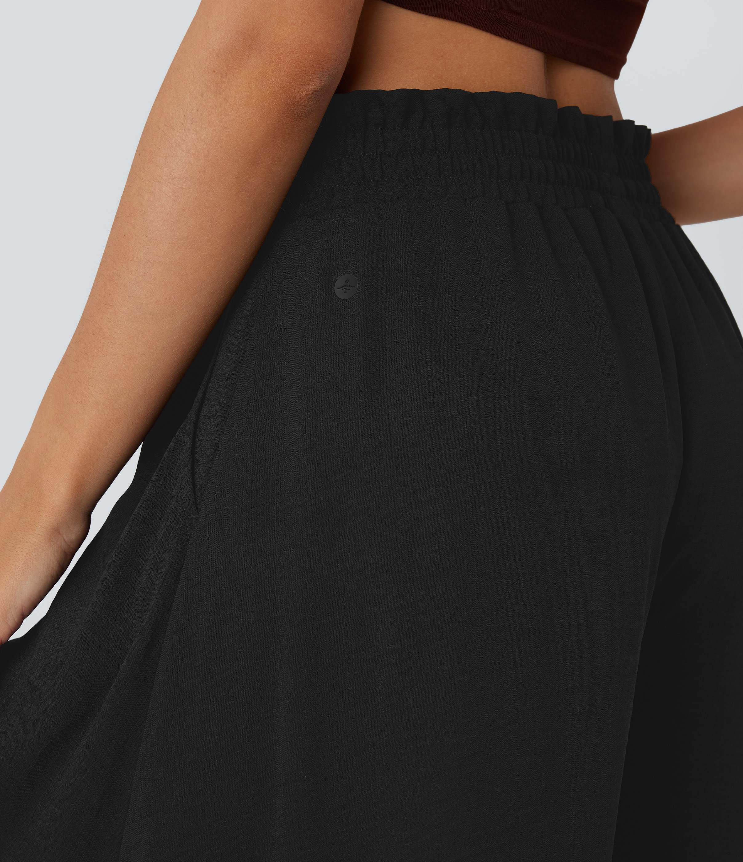 Halara Frill Mid High Waisted Drawstring Side Pocket 2-in-1 Wide Leg Flowy Casual Linen-Feel Pants  - Black - L(regular) sweatpants 