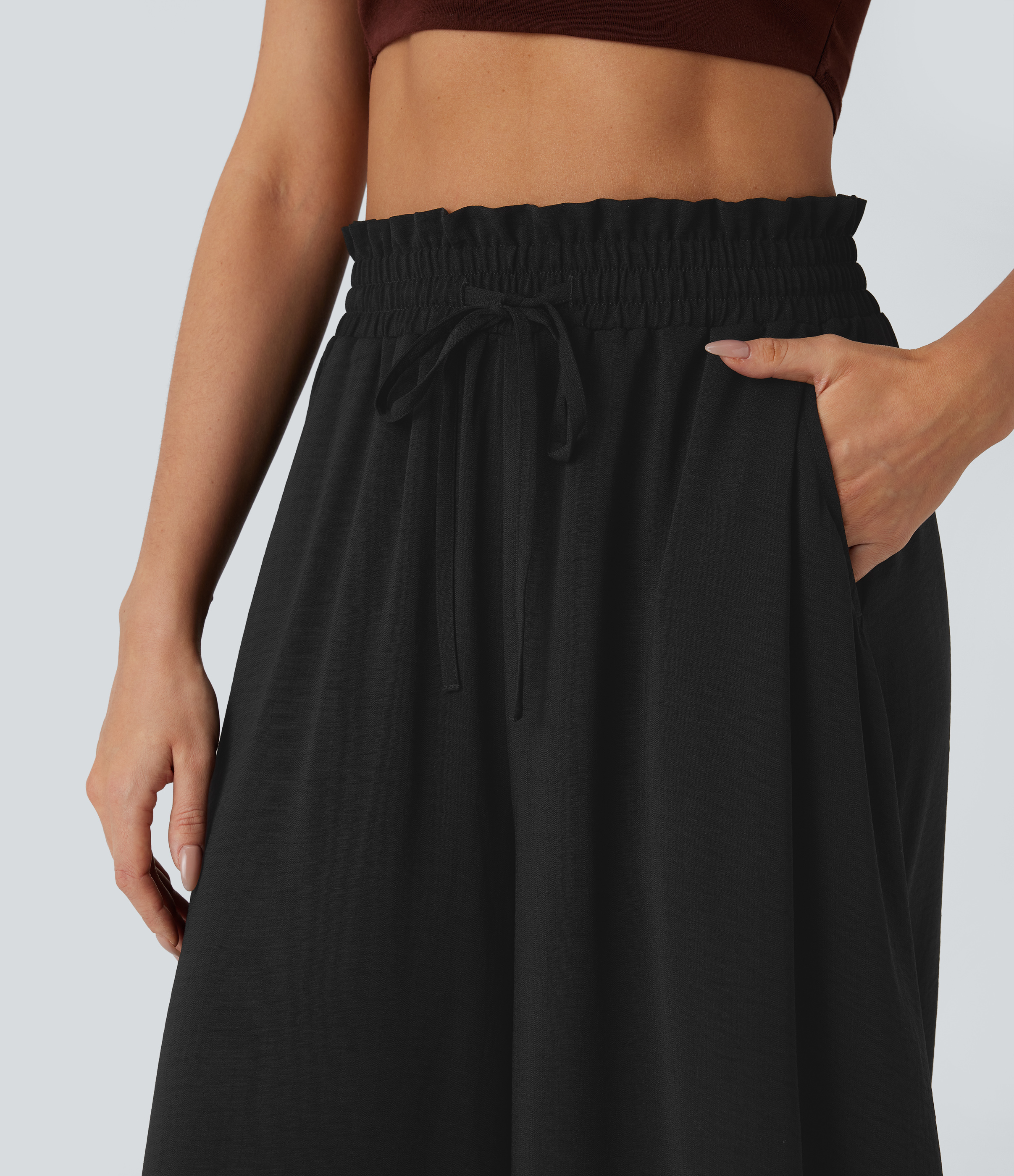 Halara Frill Mid High Waisted Drawstring Side Pocket 2-in-1 Wide Leg Flowy Casual Linen-Feel Pants  - Black - L(regular) sweatpants 