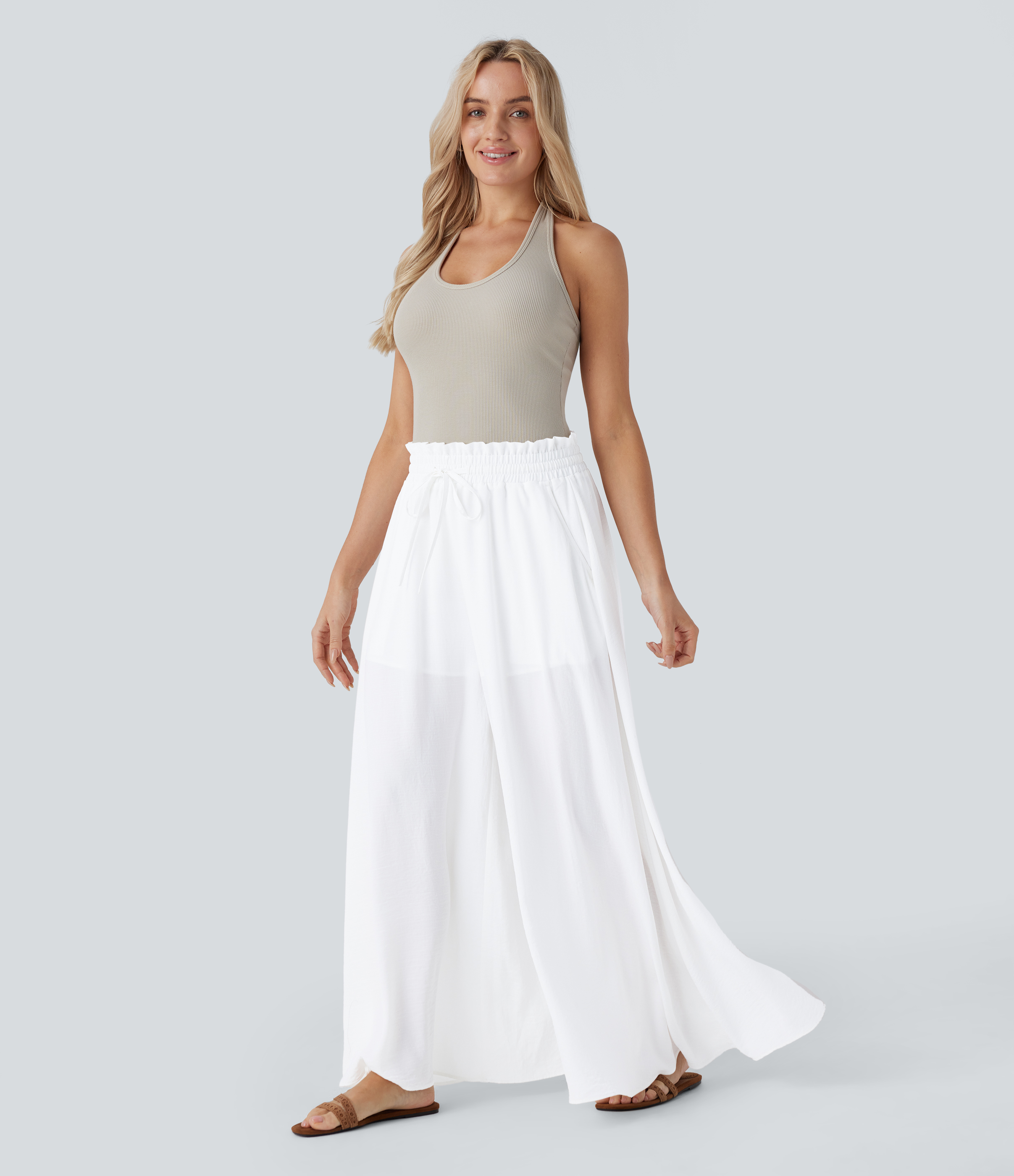 Halara Frill Mid High Waisted Drawstring Side Pocket 2-in-1 Wide Leg Flowy Casual Linen-Feel Pants  - White - XL(regular) sweatpants 
