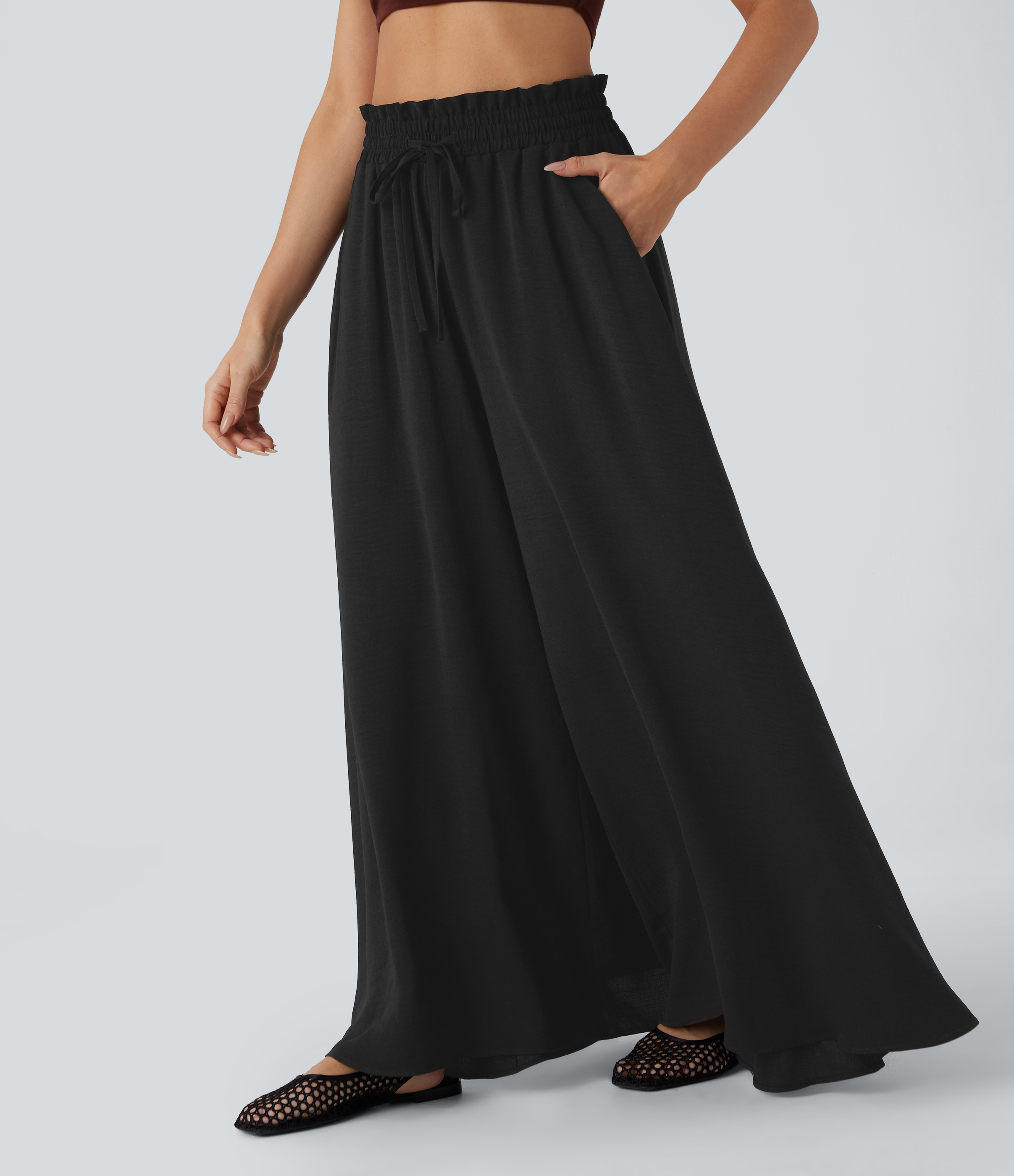 Halara Frill Mid High Waisted Drawstring Side Pocket 2-in-1 Wide Leg Flowy Casual Linen-Feel Pants  - Black - L(regular) sweatpants 