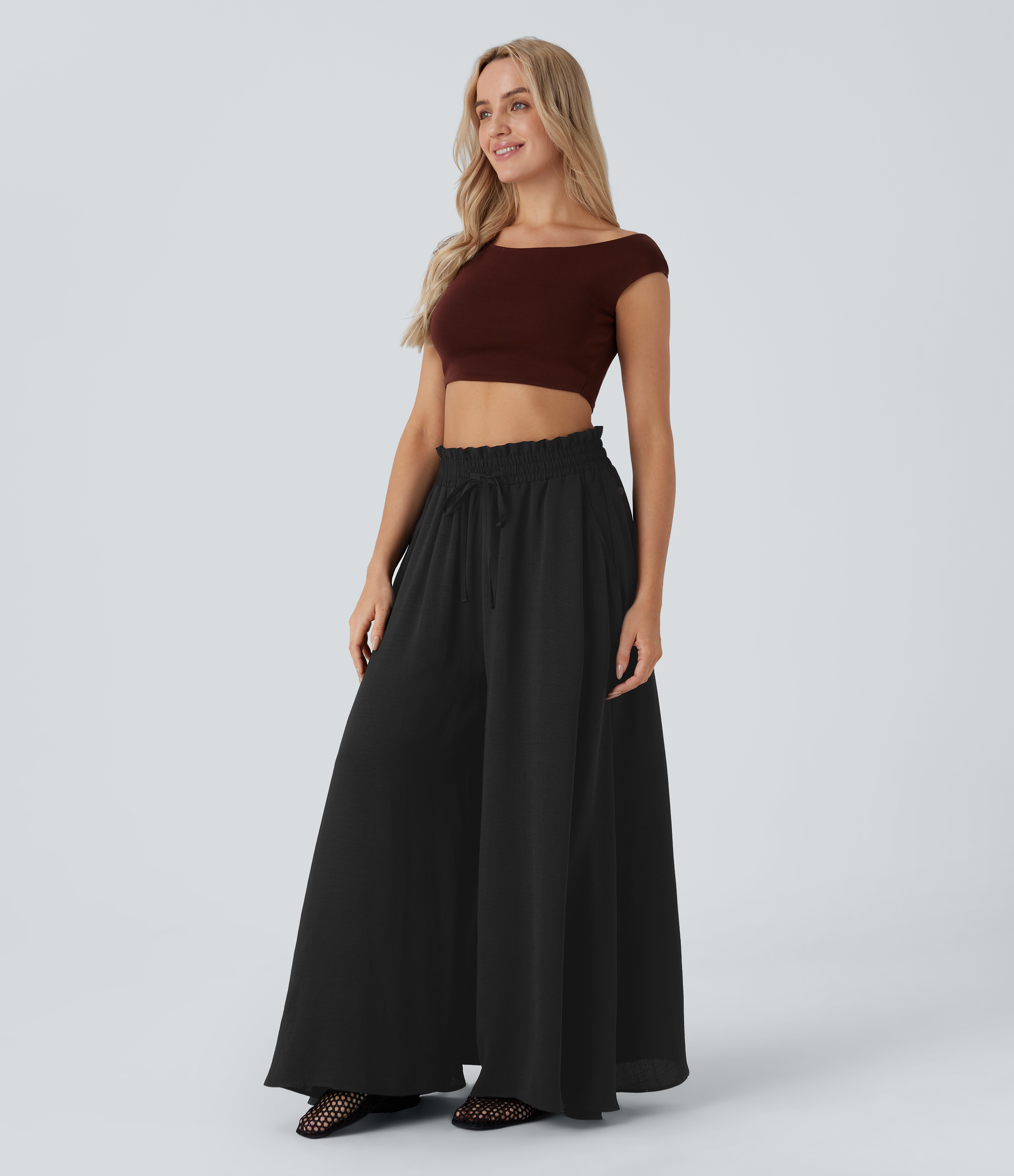 Halara Frill Mid High Waisted Drawstring Side Pocket 2-in-1 Wide Leg Flowy Casual Linen-Feel Pants  - Black - L(regular) sweatpants 