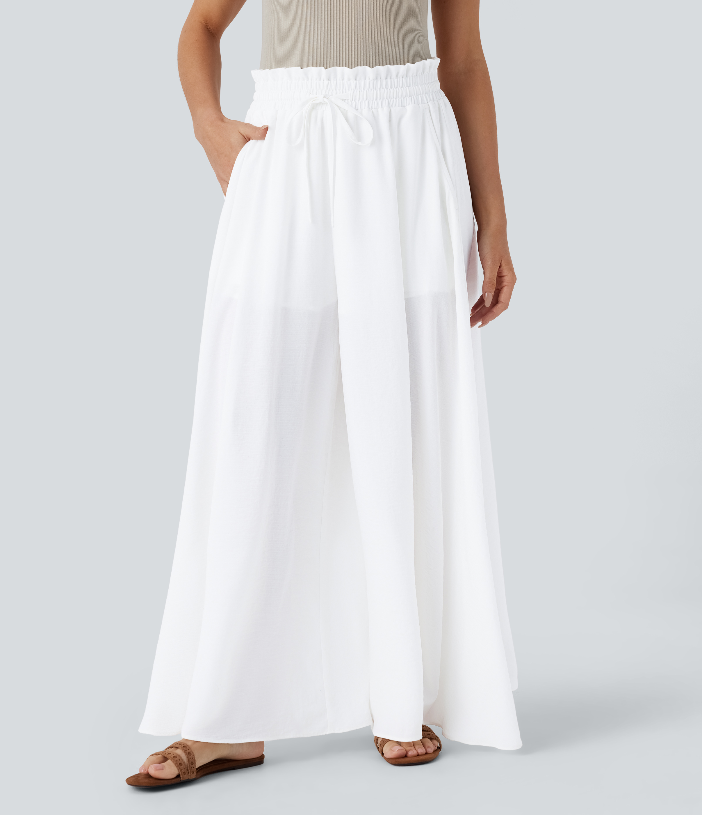 Halara Frill Mid High Waisted Drawstring Side Pocket 2-in-1 Wide Leg Flowy Casual Linen-Feel Pants  - White - XL(regular) sweatpants 