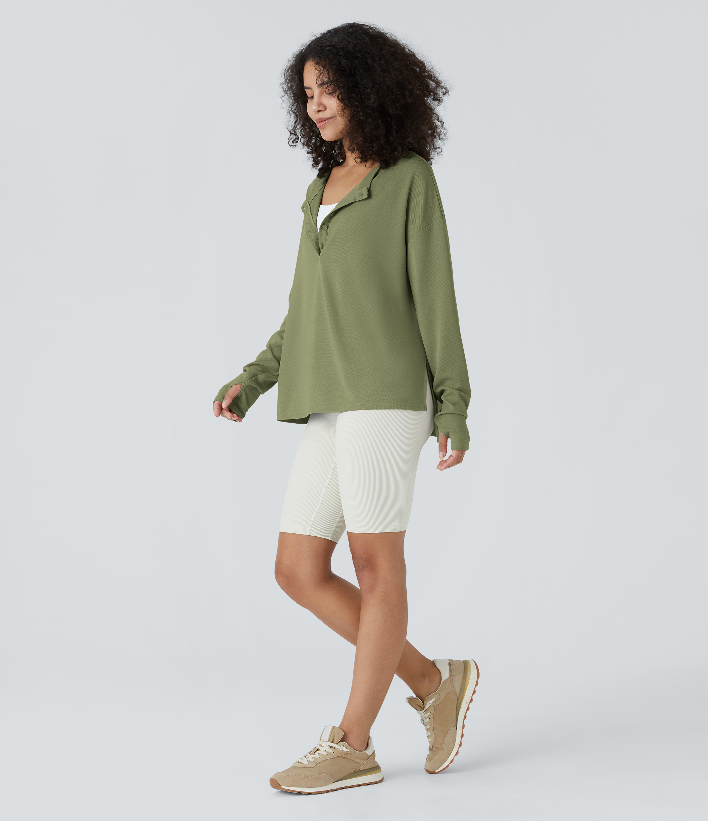 Halara Button Front Thumb Hole Split Waffle Casual Sweatshirt  - Loden Green - XL 