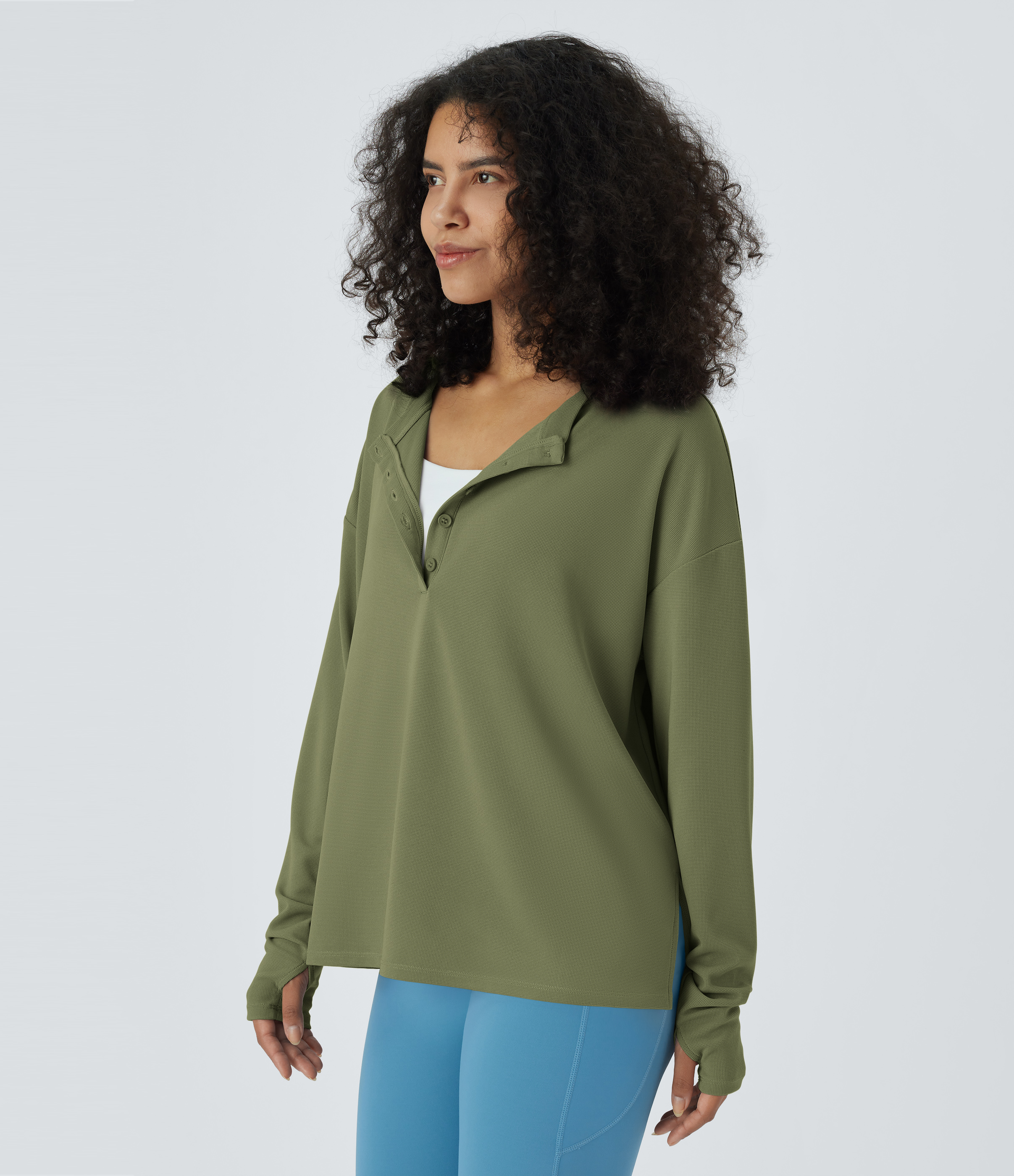 Halara Button Front Thumb Hole Split Waffle Casual Sweatshirt  - Loden Green - XL 