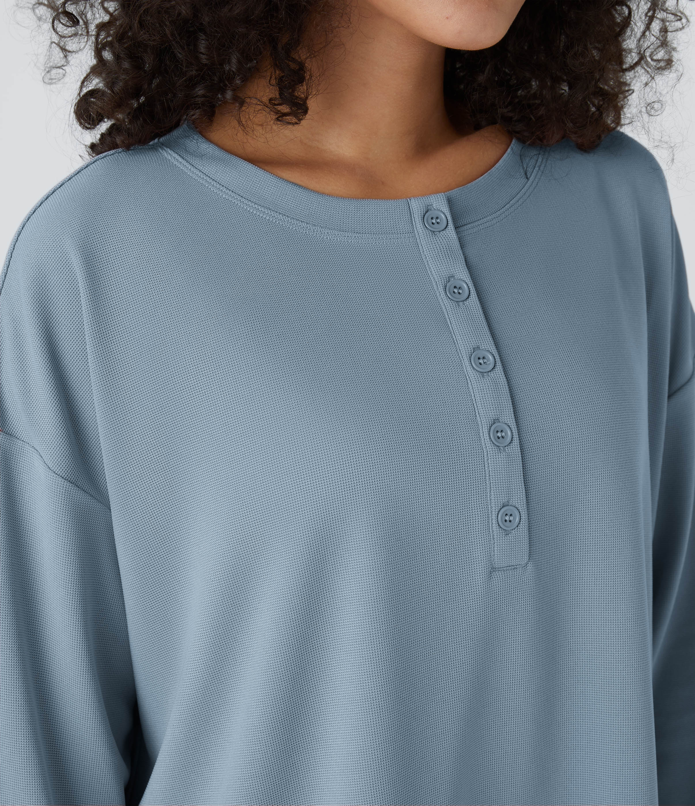 Halara Button Front Thumb Hole Split Waffle Casual Sweatshirt  - Mountain Spring - M 