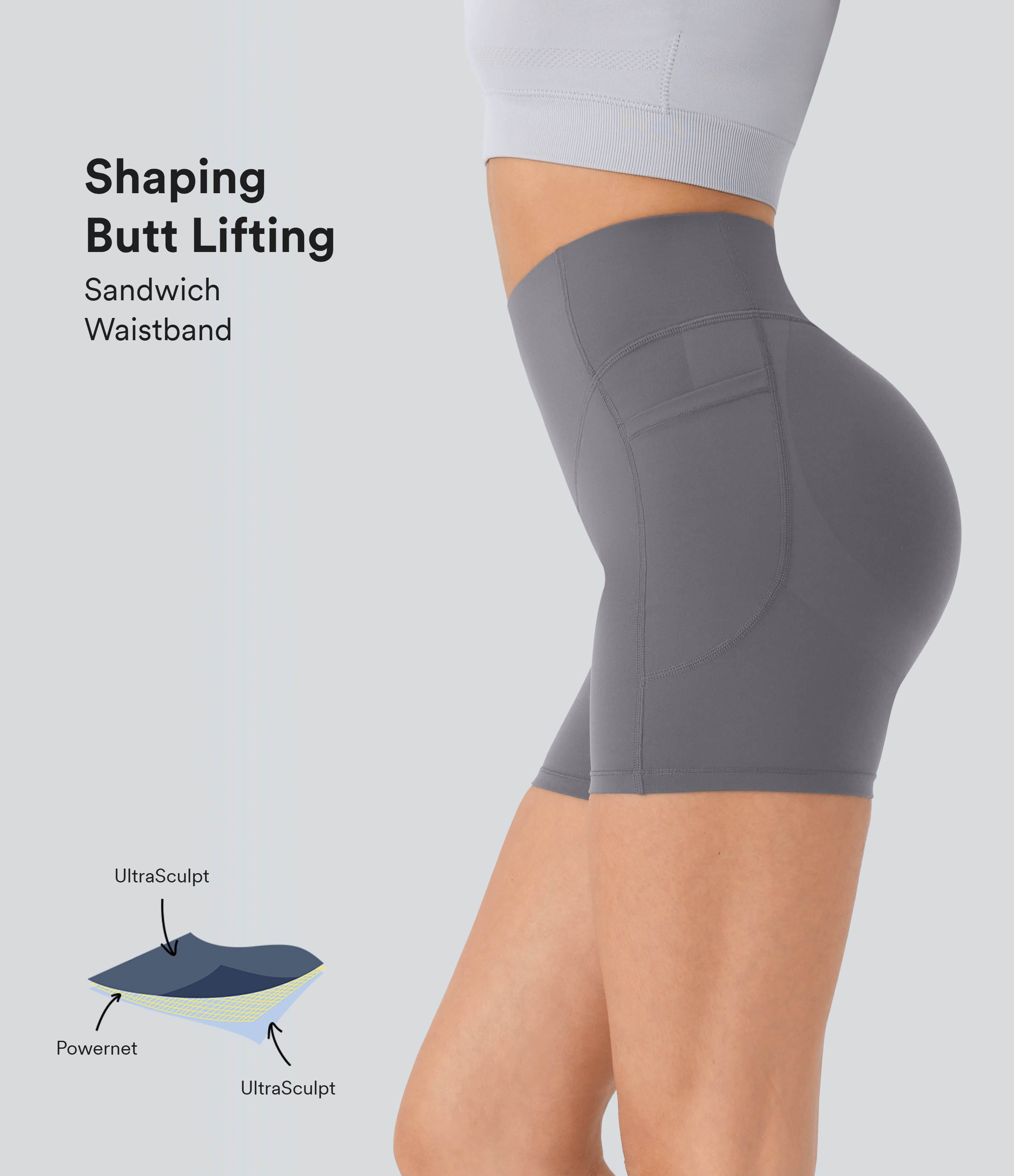 Halara SoCinched High Waisted Butt Lifting Tummy Control Side Pocket Shaping Workout UltraSculpt Biker Shorts 5``  - Volcanic Ash - S 