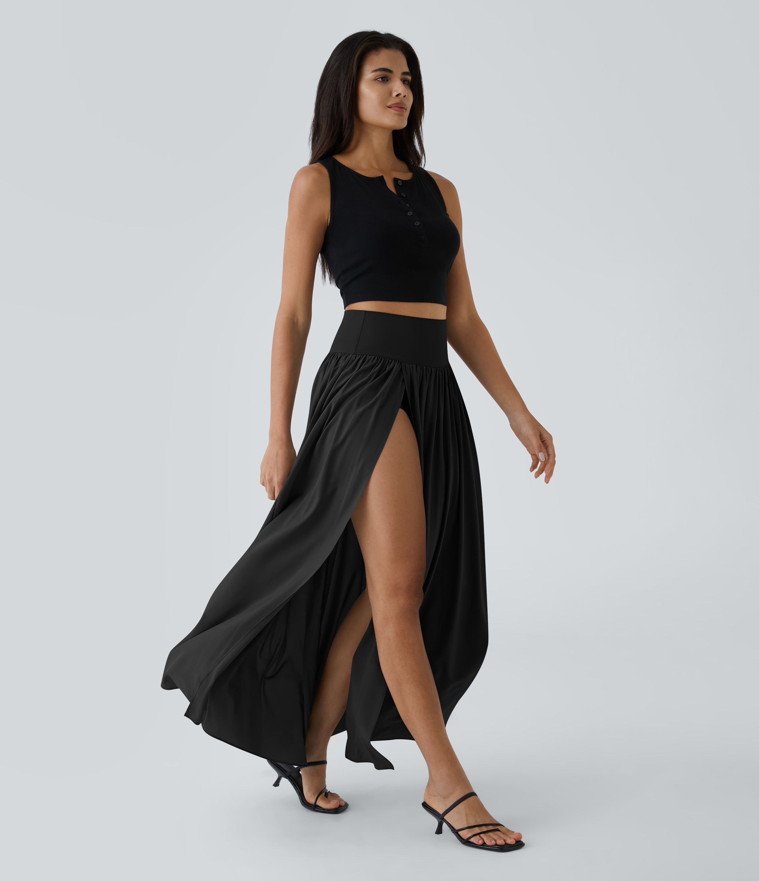 Halara Breezefulв„ў High Waisted Plicated Split 2-in-1 Flowy Quick Dry Maxi Casual Skirt  - Black - S(regular) 