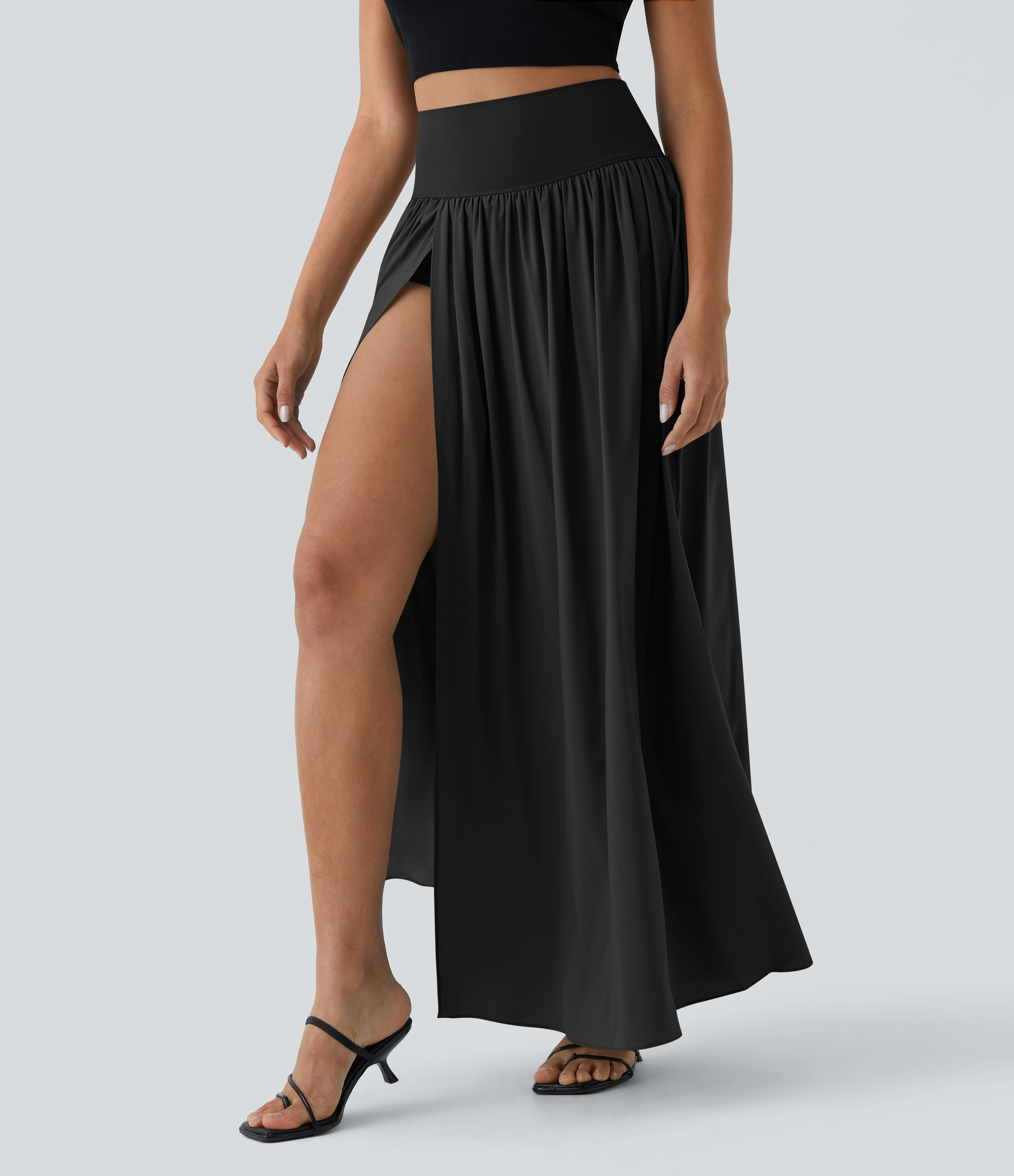 Halara Breezefulв„ў High Waisted Plicated Split 2-in-1 Flowy Quick Dry Maxi Casual Skirt  - Black - S(regular) 