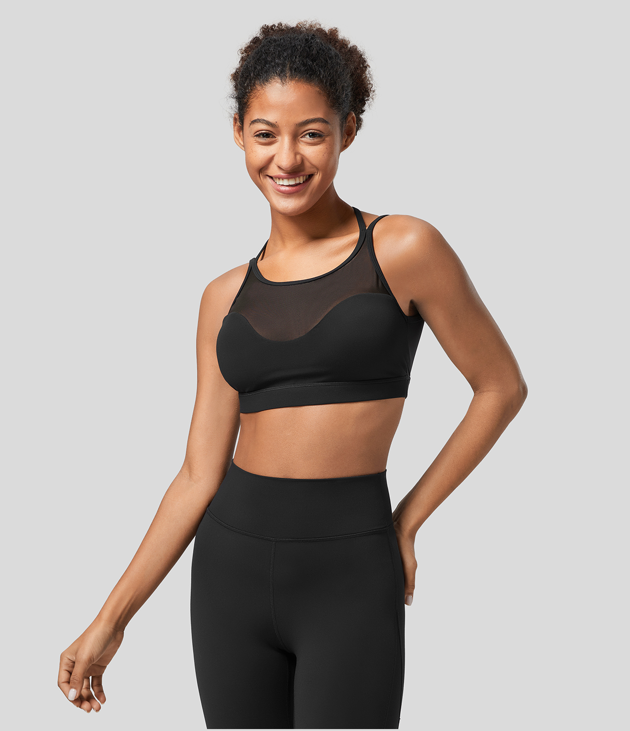 Halara Softlyzeroв„ў Low Support Halter Backless Contrast Mesh Yoga Sports Bra  - Black - XL push up bra strapless bra backless bra sticky bra 