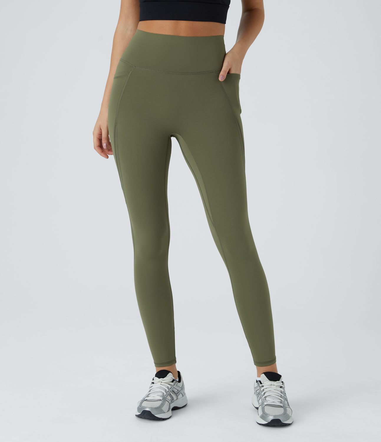 Halara SoCinched High Waisted Antislip Tummy Control Side Pocket Contrast Mesh Quick Dry 7/8 Workout Leggings  - Unripe Olive Green - M(7/8) 