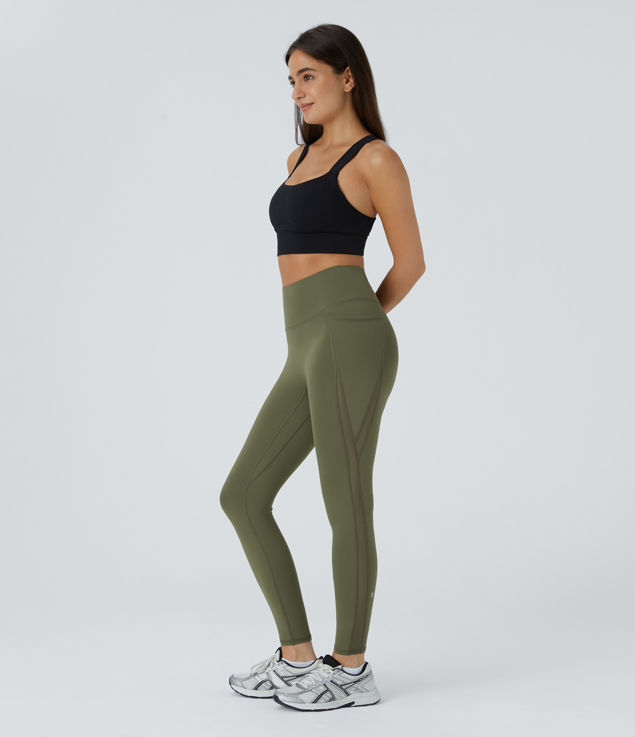 Halara SoCinched High Waisted Antislip Tummy Control Side Pocket Contrast Mesh Quick Dry 7/8 Workout Leggings  - Unripe Olive Green - M(7/8) 