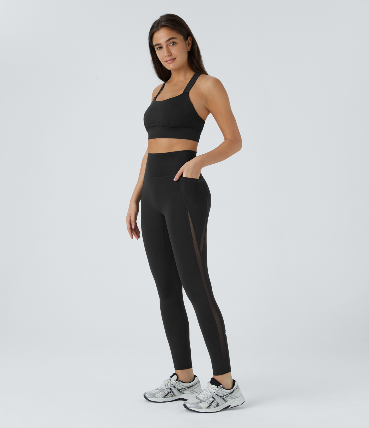 Halara SoCinched High Waisted Antislip Tummy Control Side Pocket Contrast Mesh Quick Dry 7/8 Workout Leggings  - Black - L(7/8) gym leggings 