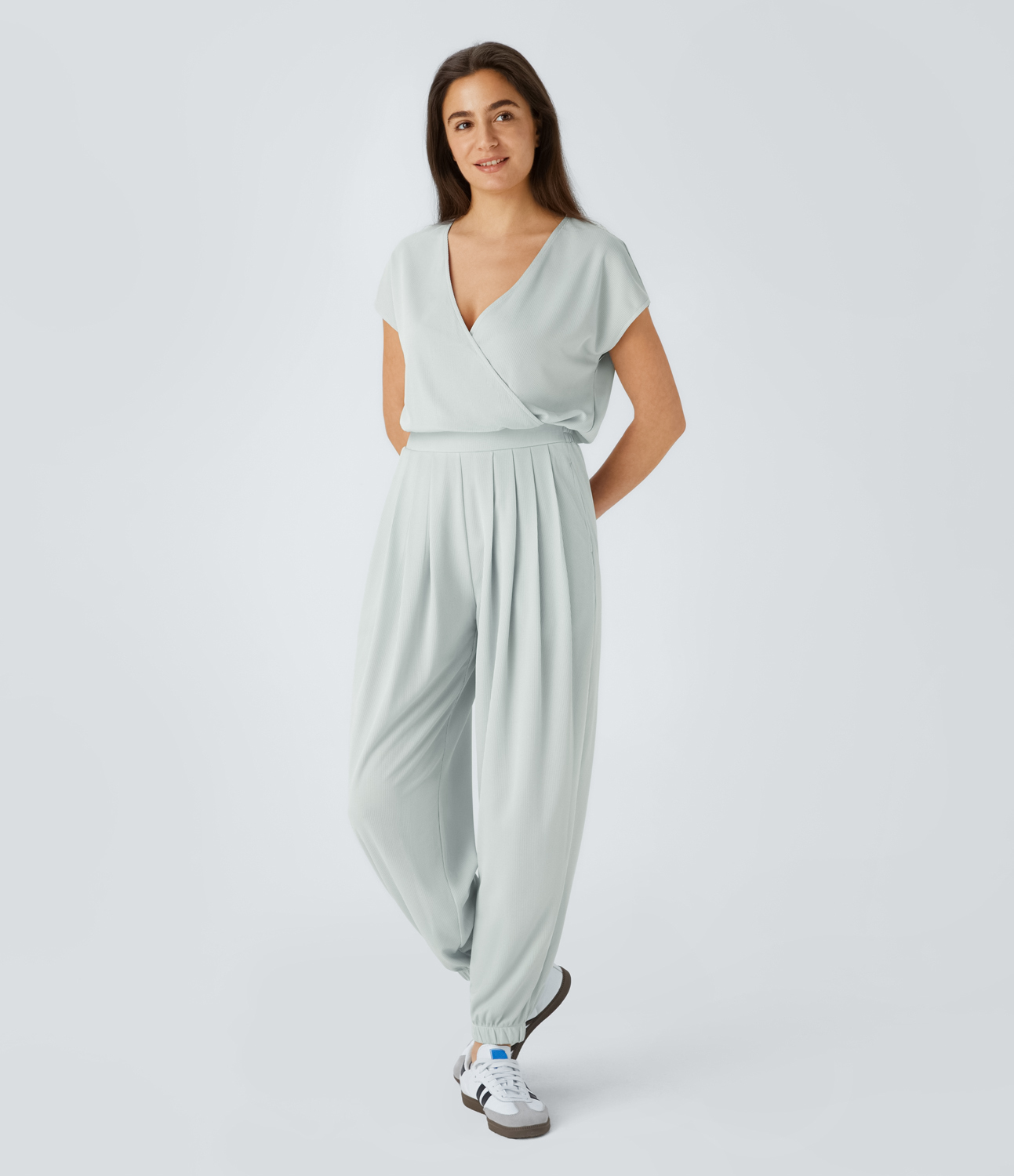 

Halara V Neck Short Sleeve Plicated Side Pocket Waffle Casual Jogger Jumpsuit - Frost Clear Haze