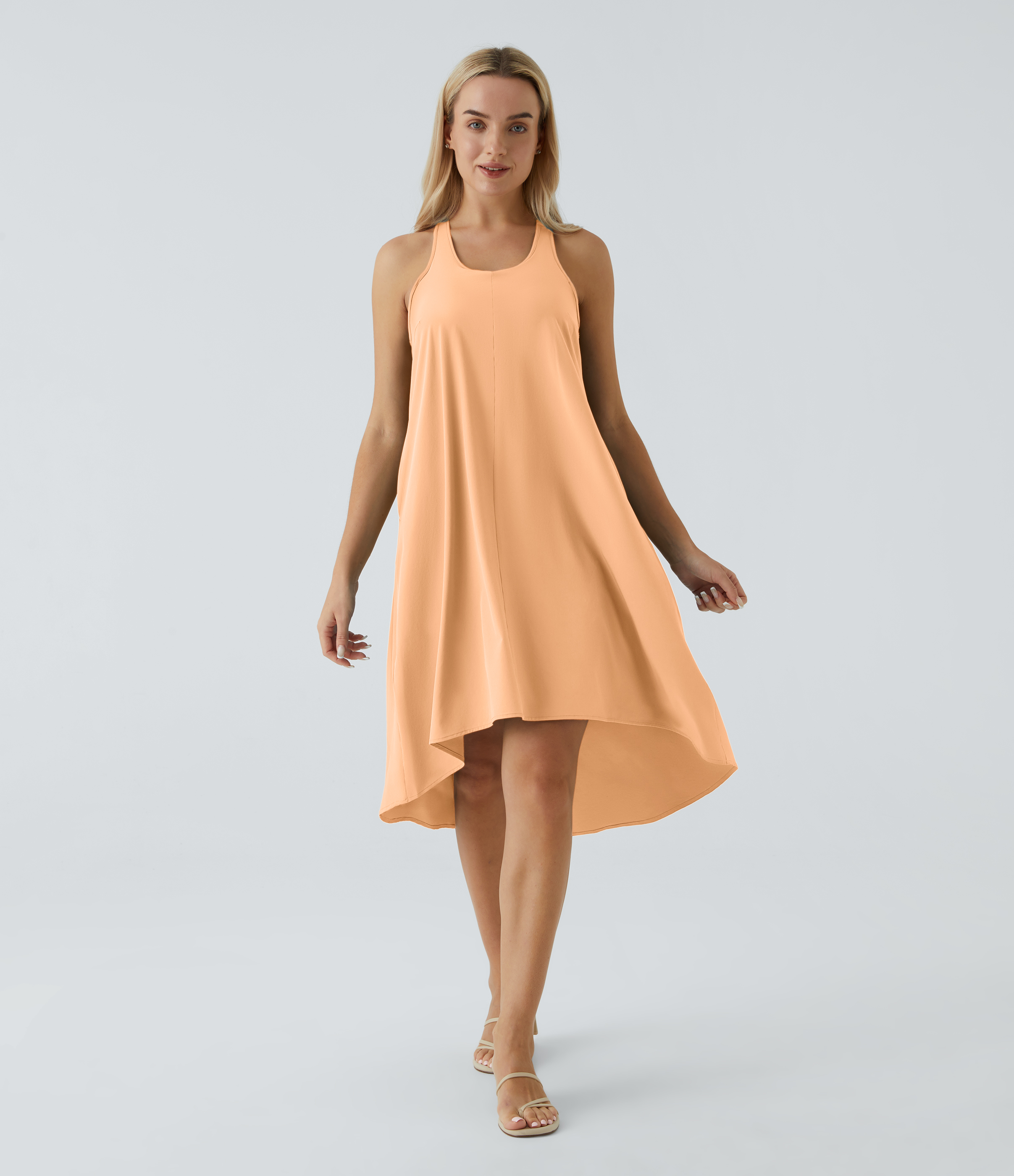 Halara Breezefulв„ў Backless Racerback Side Pocket High Low Flowy Midi Quick Dry Casual Dress Casual Dress - Peach Orange - L slip dress 