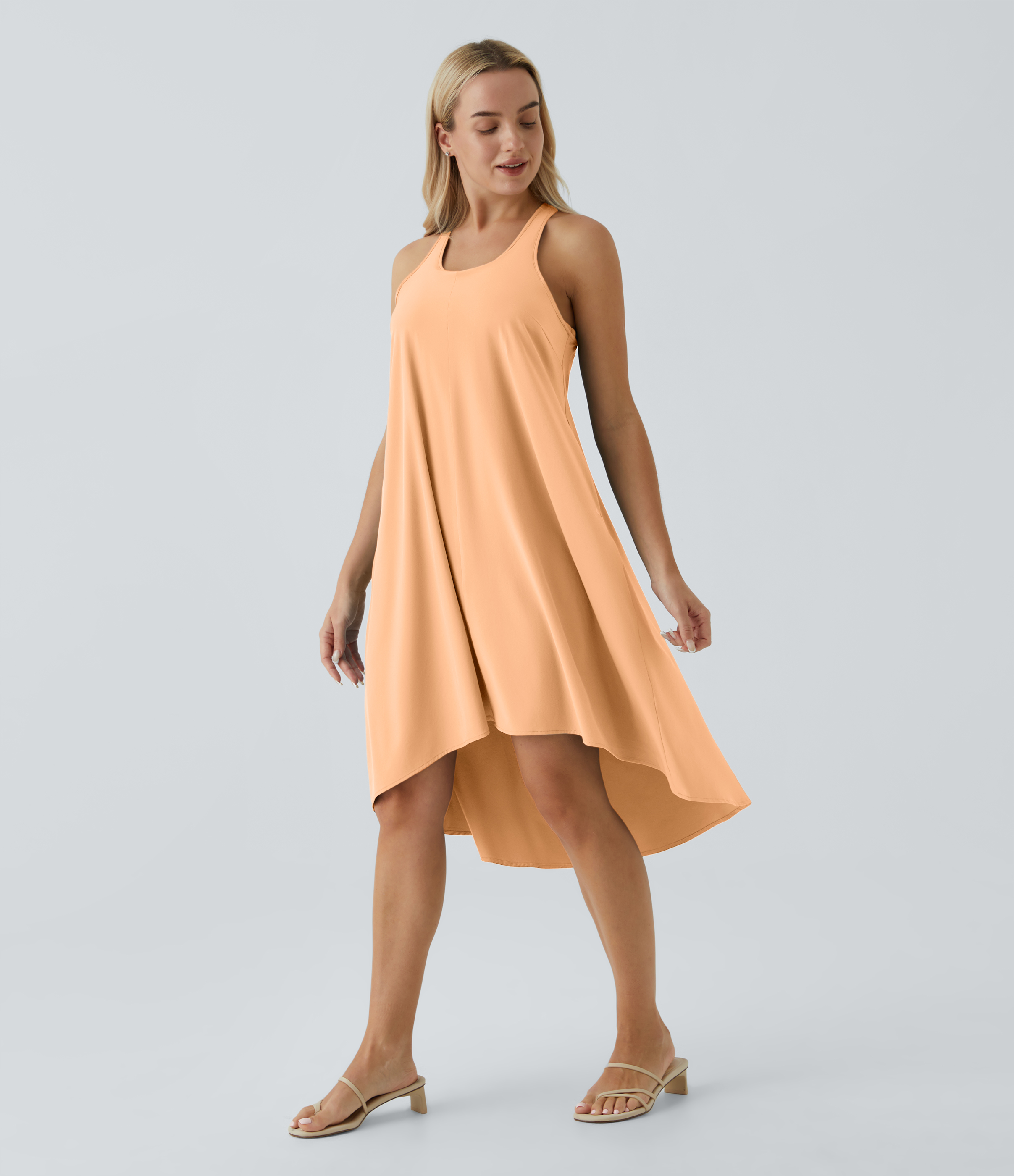 Halara Breezefulв„ў Backless Racerback Side Pocket High Low Flowy Midi Quick Dry Casual Dress Casual Dress - Peach Orange - L slip dress 