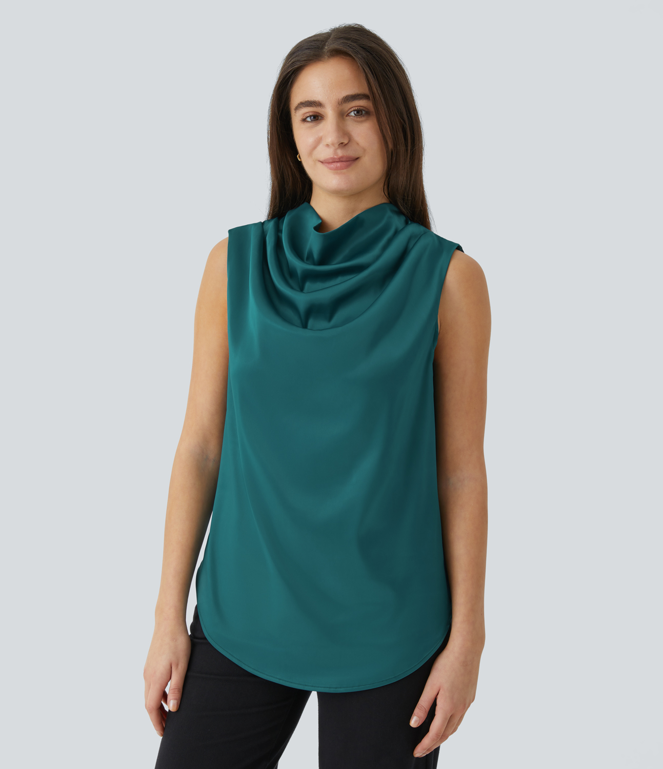 Halara Draped Cowl Neck Sleeveless Keyhole Back Curved Hem Satin Work Blouse  - Turquoise Green - XS 