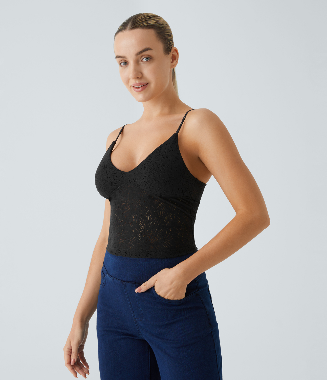Halara Backless Cropped Lace Casual Tank Top Tank Top - Black - XL golf tops halter top tunic tops sleeveless tops backless top 