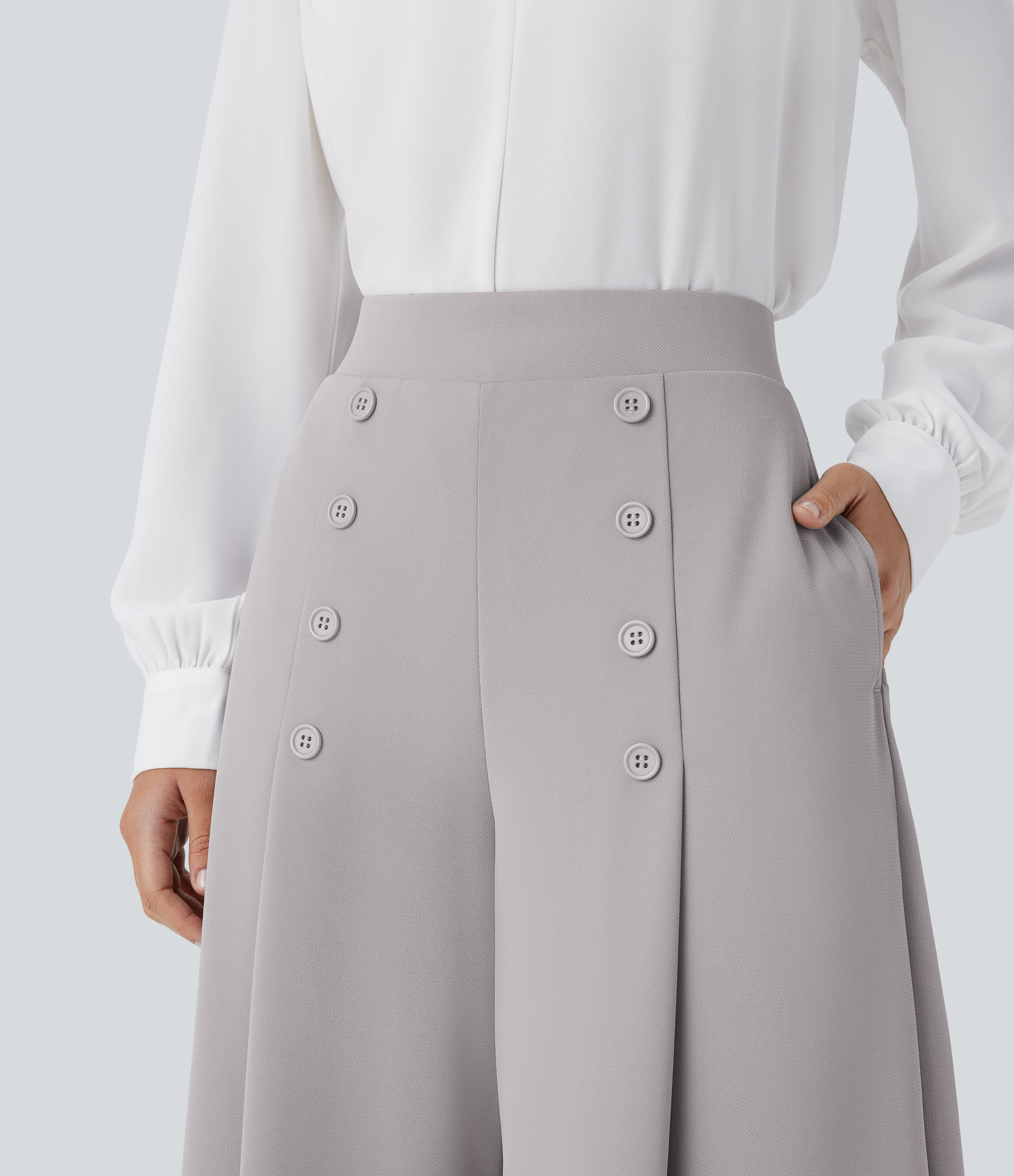 Halara High Waisted Decorative Button Side Pocket Palazzo Wide Leg Work Pants  - Gull - L(regular) sweatpants jogger pants stacked sweatpants 
