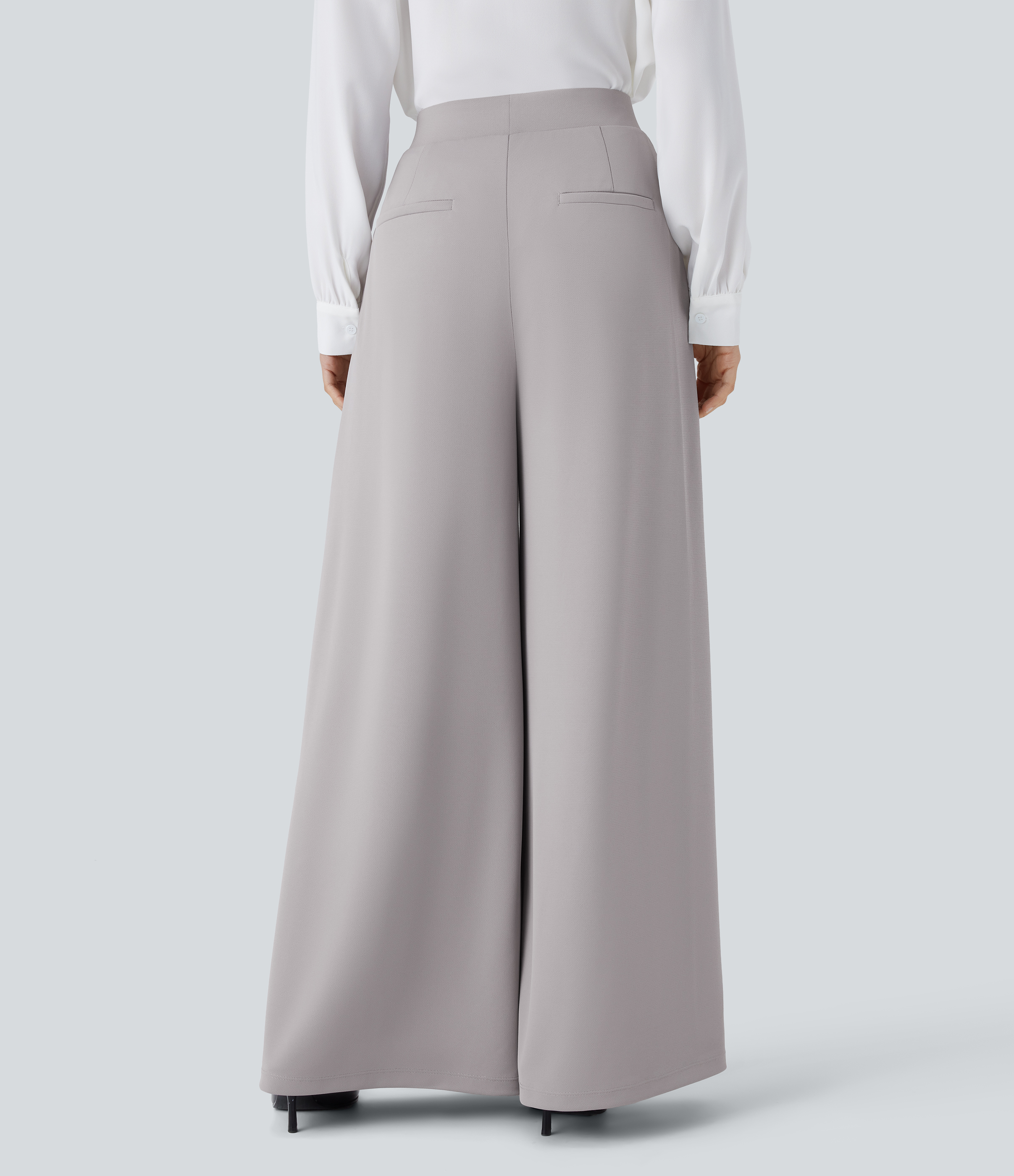 Halara High Waisted Decorative Button Side Pocket Palazzo Wide Leg Work Pants  - Gull - L(regular) sweatpants jogger pants stacked sweatpants 