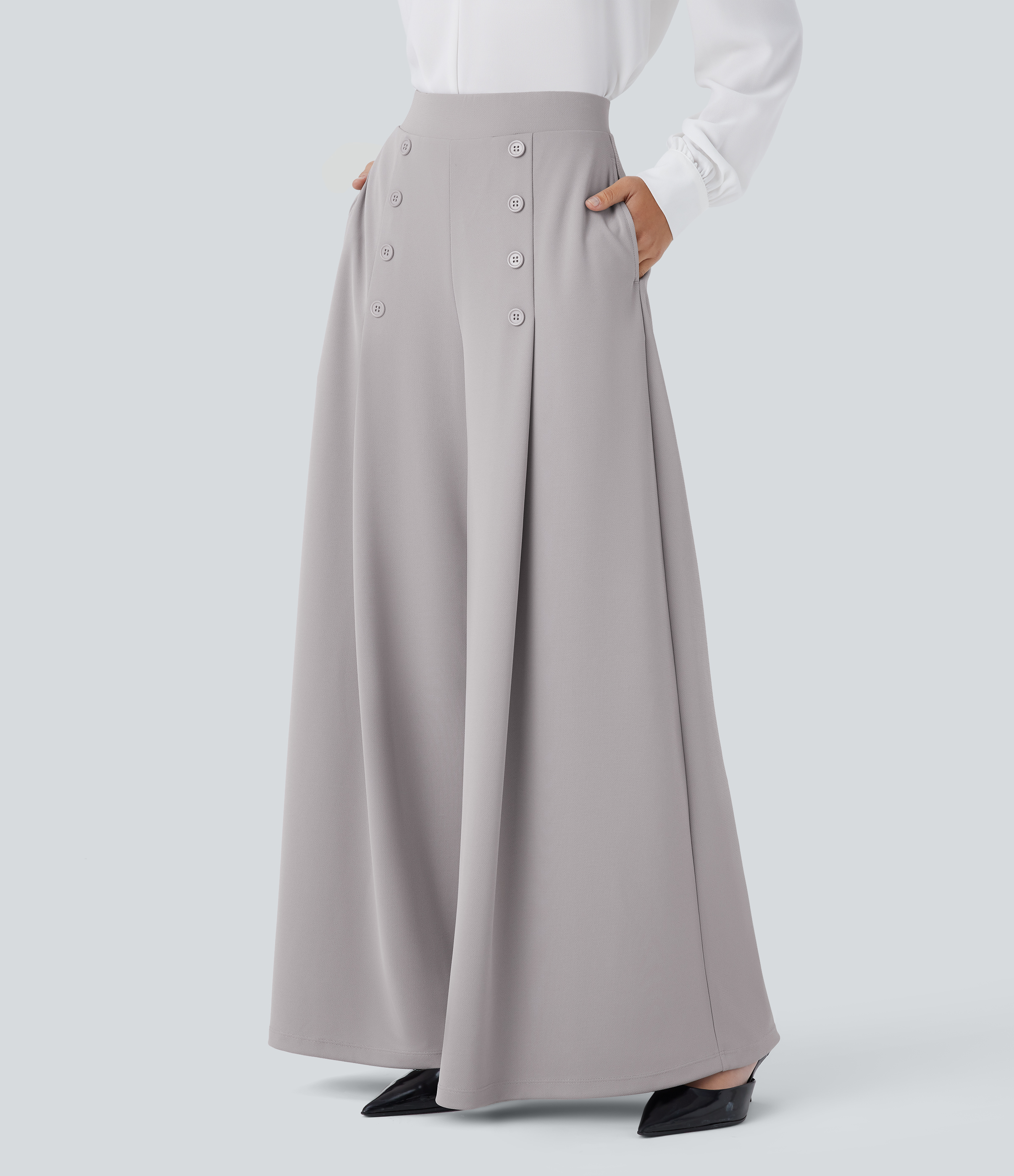 Halara High Waisted Decorative Button Side Pocket Palazzo Wide Leg Work Pants  - Gull - L(regular) sweatpants jogger pants stacked sweatpants 